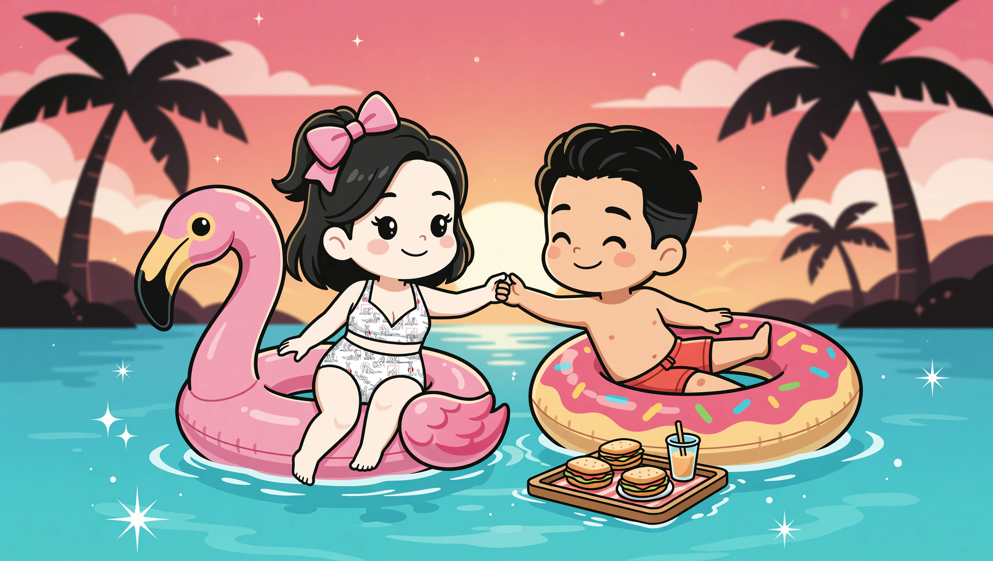 Couple enjoying lazy lagoon picnic float date in Kamasutra Cute bikini