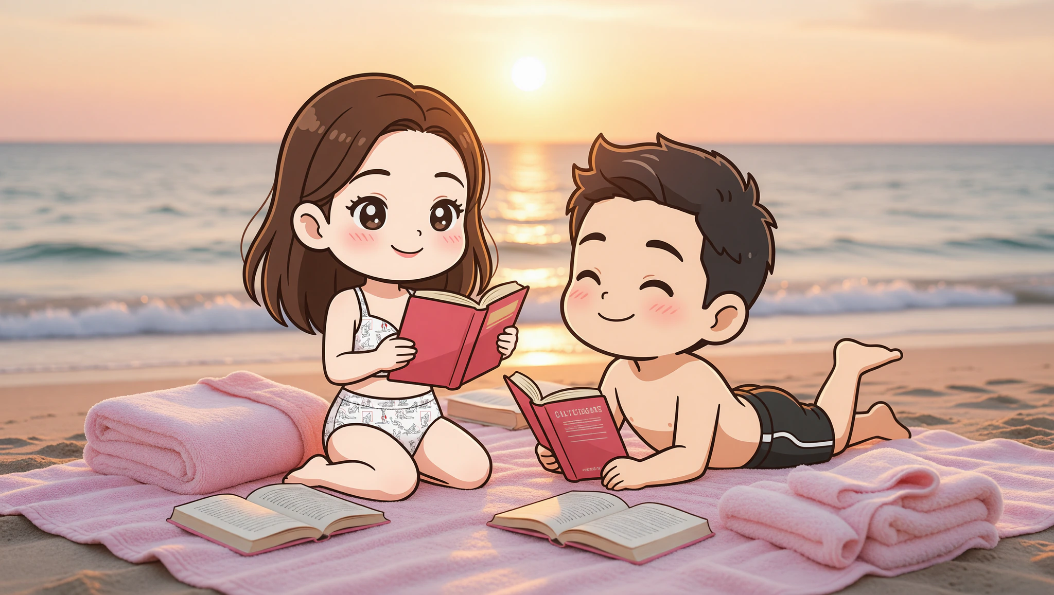 Couple enjoying a lazy seaside reading date in cozy high-waisted bikinis.
