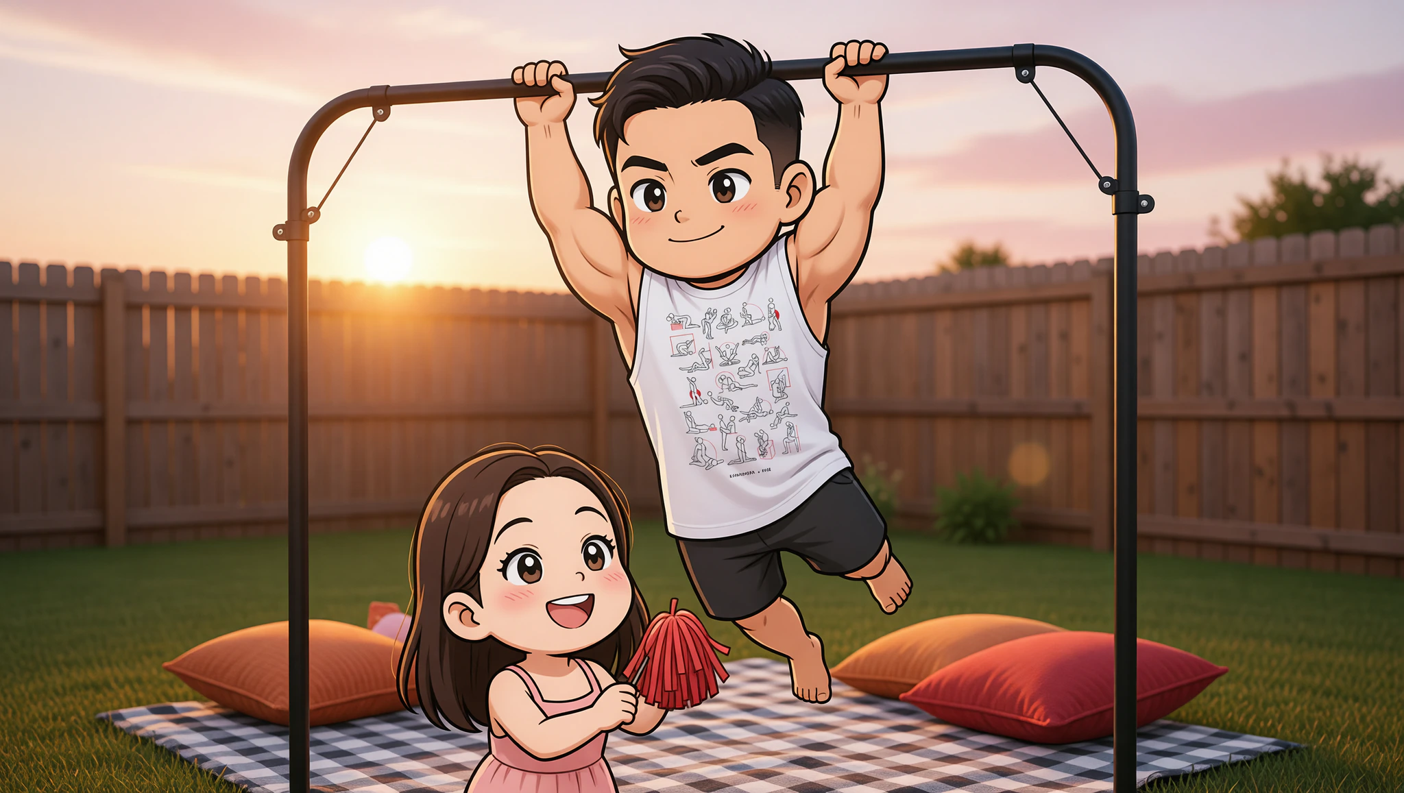 Couple enjoying flirty backyard pull-up contest in cozy muscle shirt.