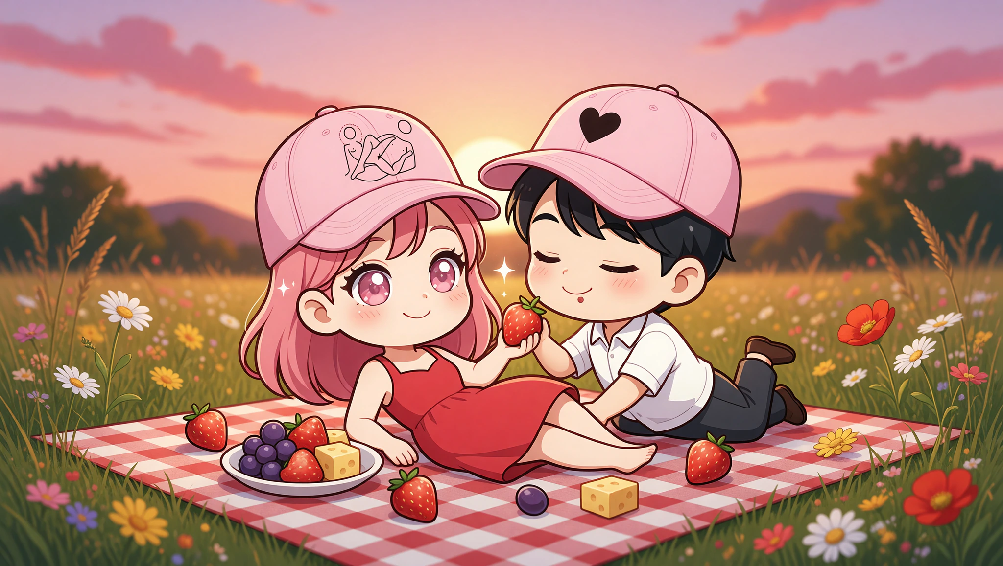 Couple enjoying meadow picnic with Kamasutra Cute pastel baseball hats.