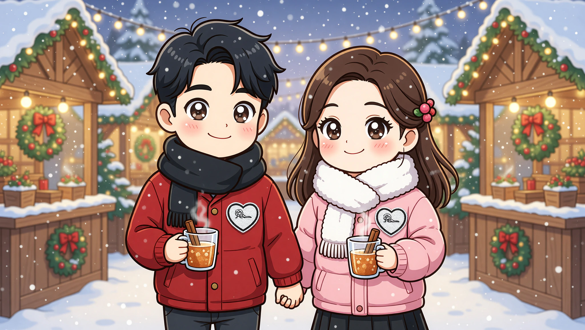 Chibi couple in Kamasutra cute patches at Christmas market