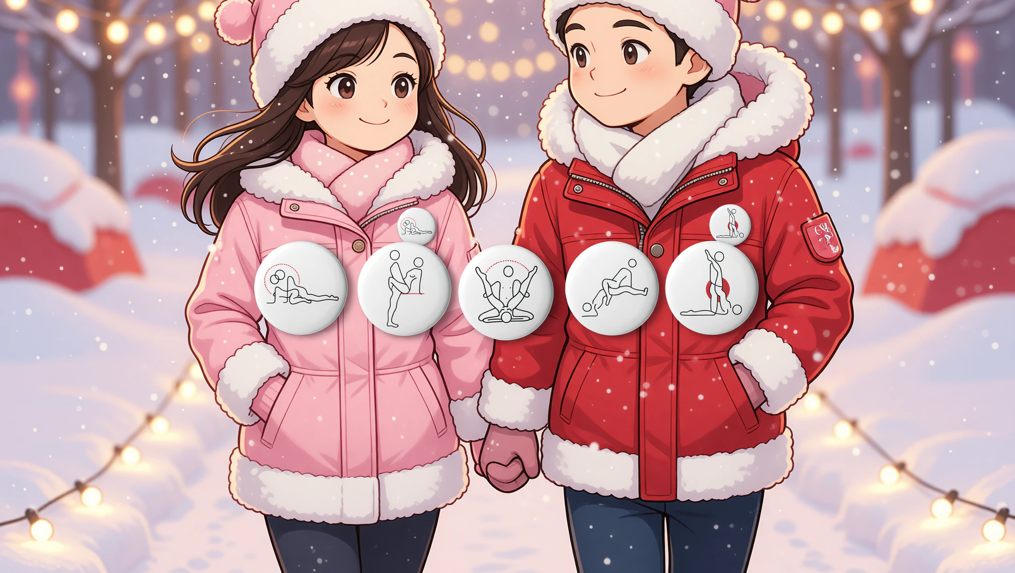 Chibi couple strolling winter lights with Kamasutra cute pin buttons.