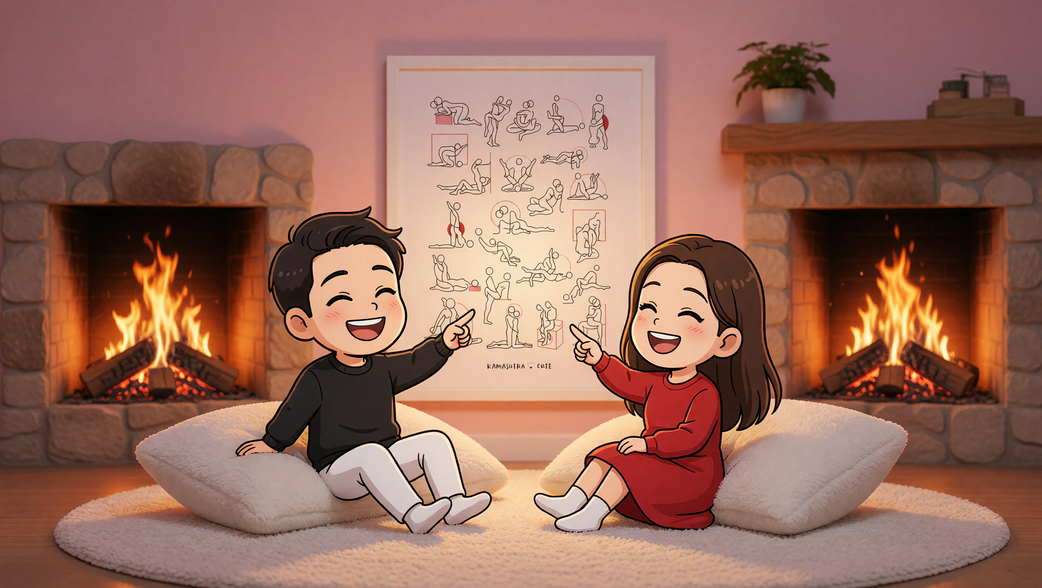 Couple enjoying fireside Kamasutra poster storytelling session