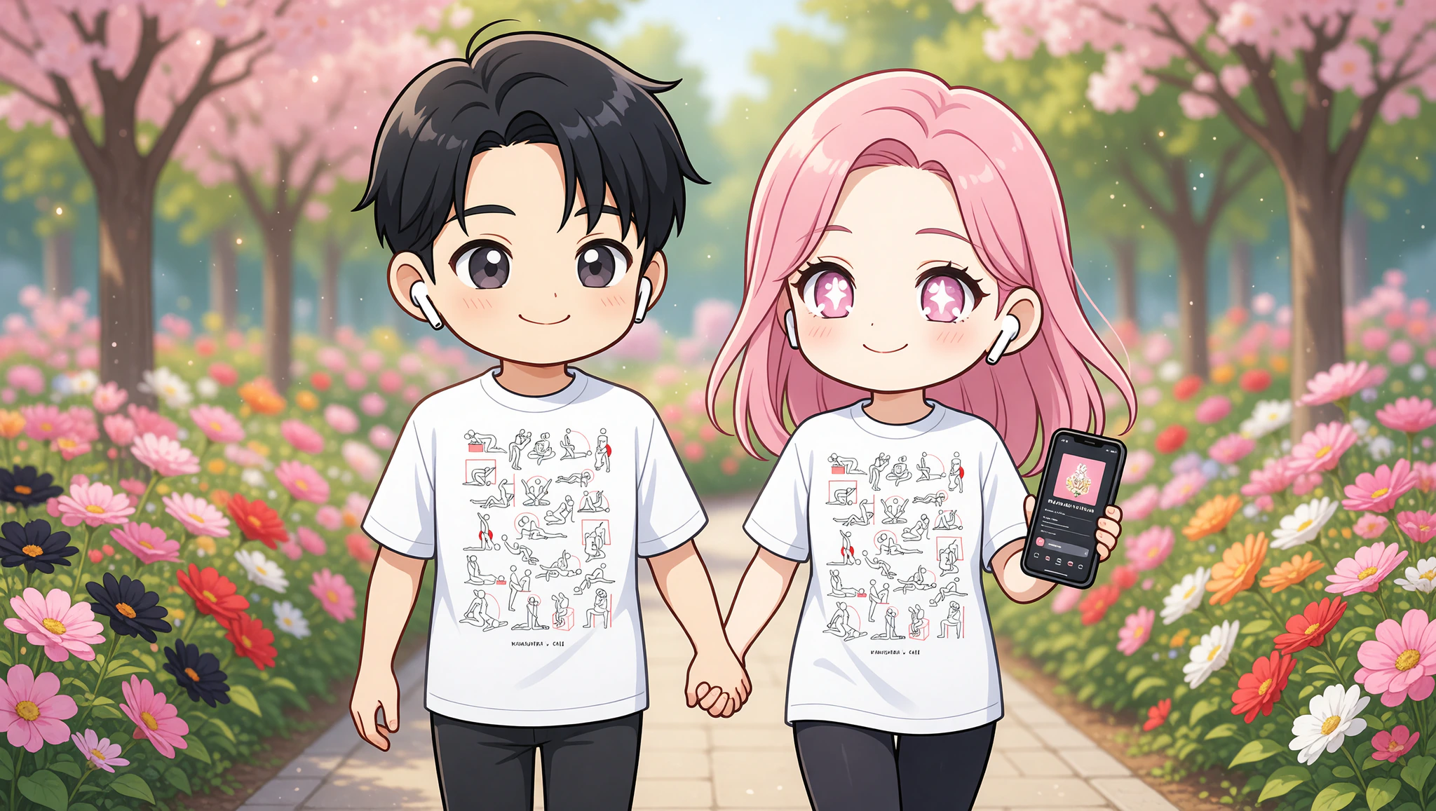 Chibi couple in Kamasutra Cute tees on flirty podcast stroll