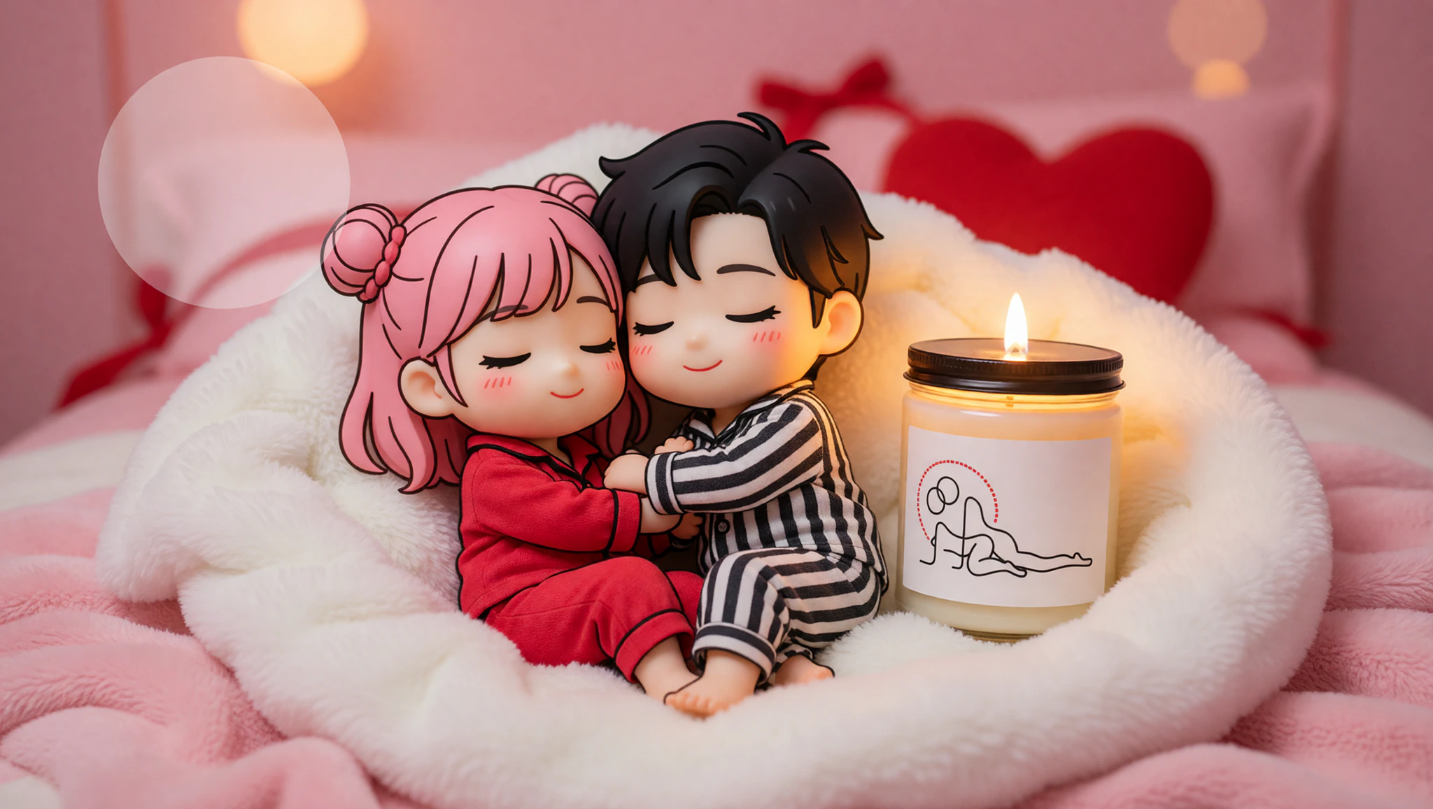 Couple in lazy siesta cuddle with Kamasutra Cute scented soy candle glow.