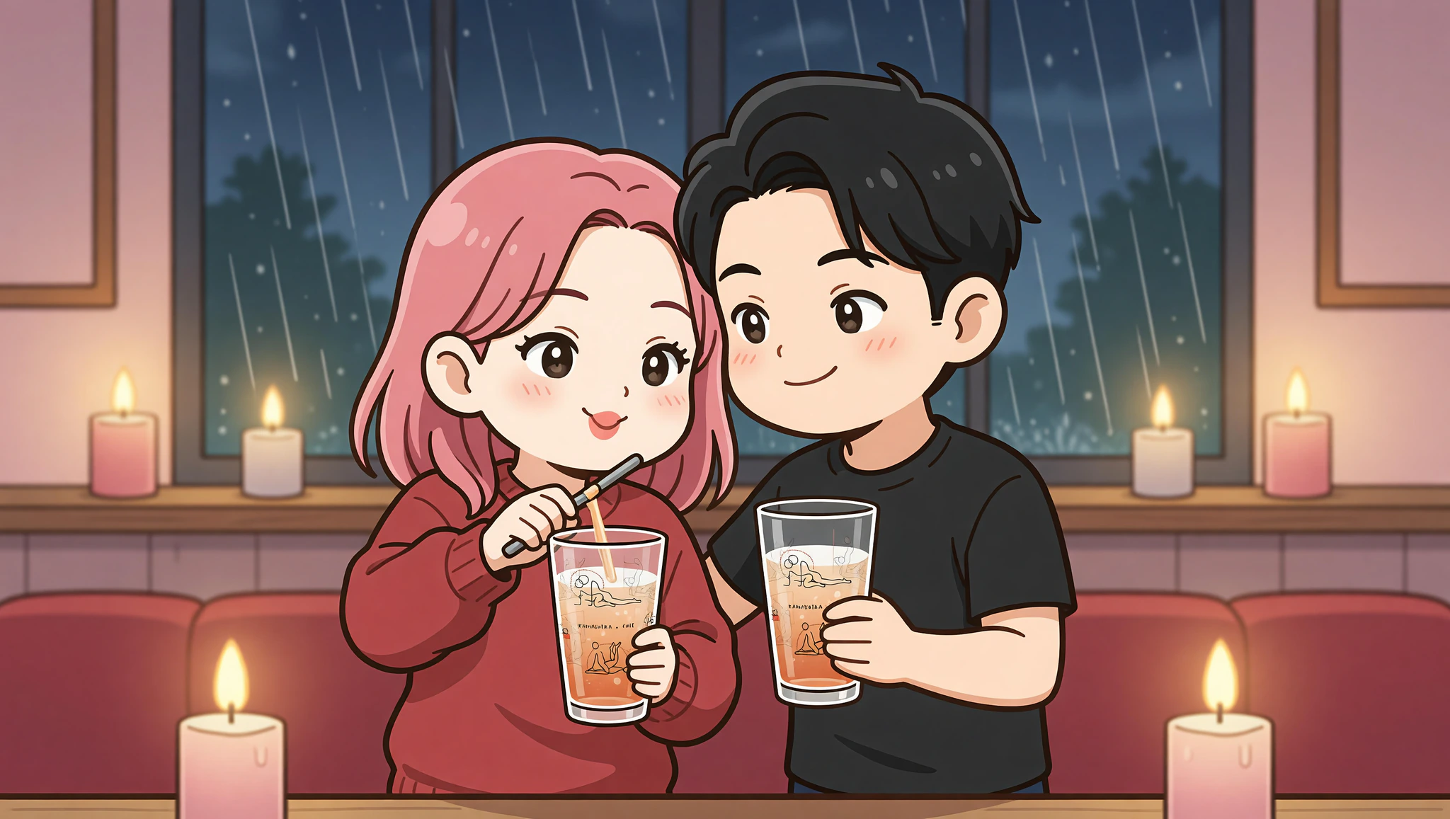 Chibi couple mixing flirty cocktails in Kamasutra glasses during rainy pub date