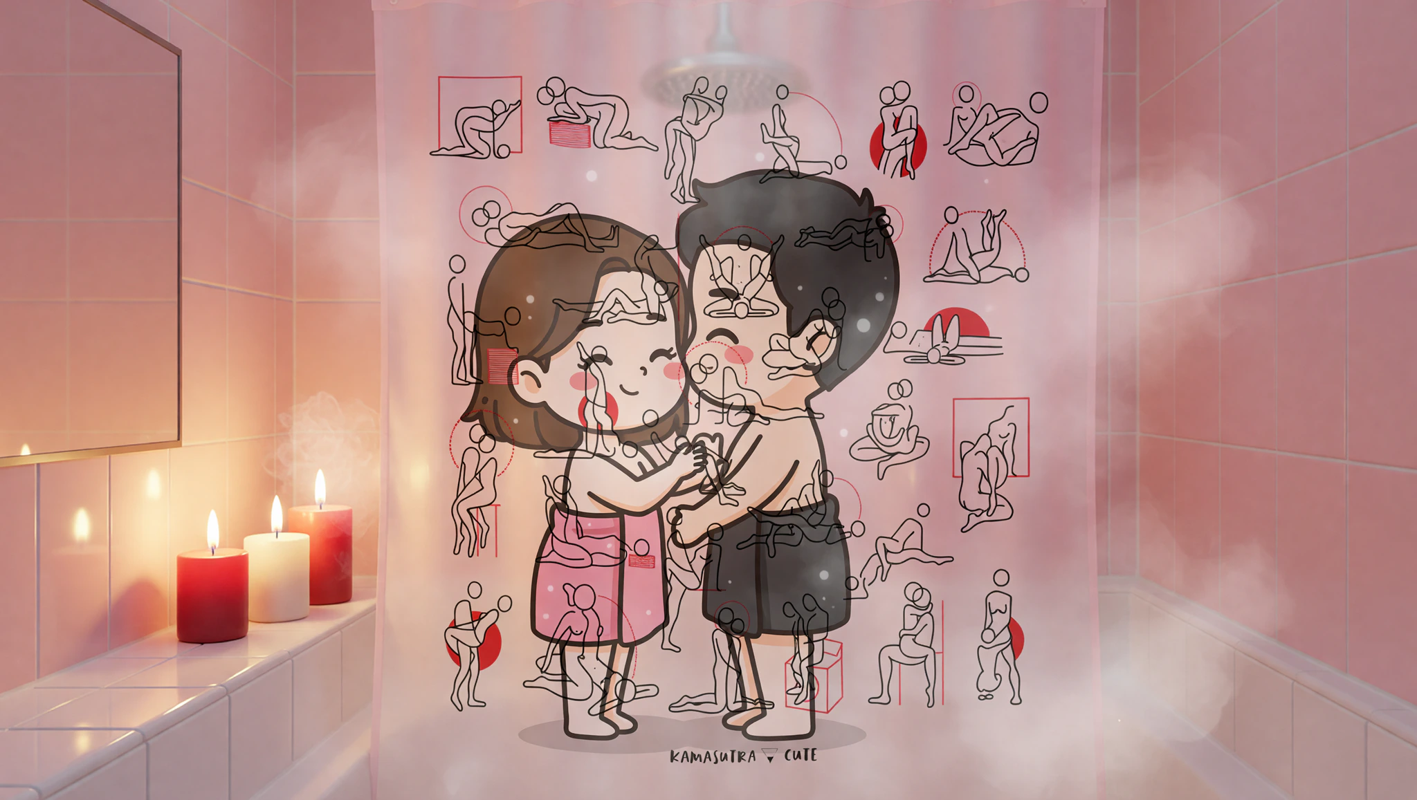 Couple rinsing post-massage behind Kamasutra Cute - Shower curtain