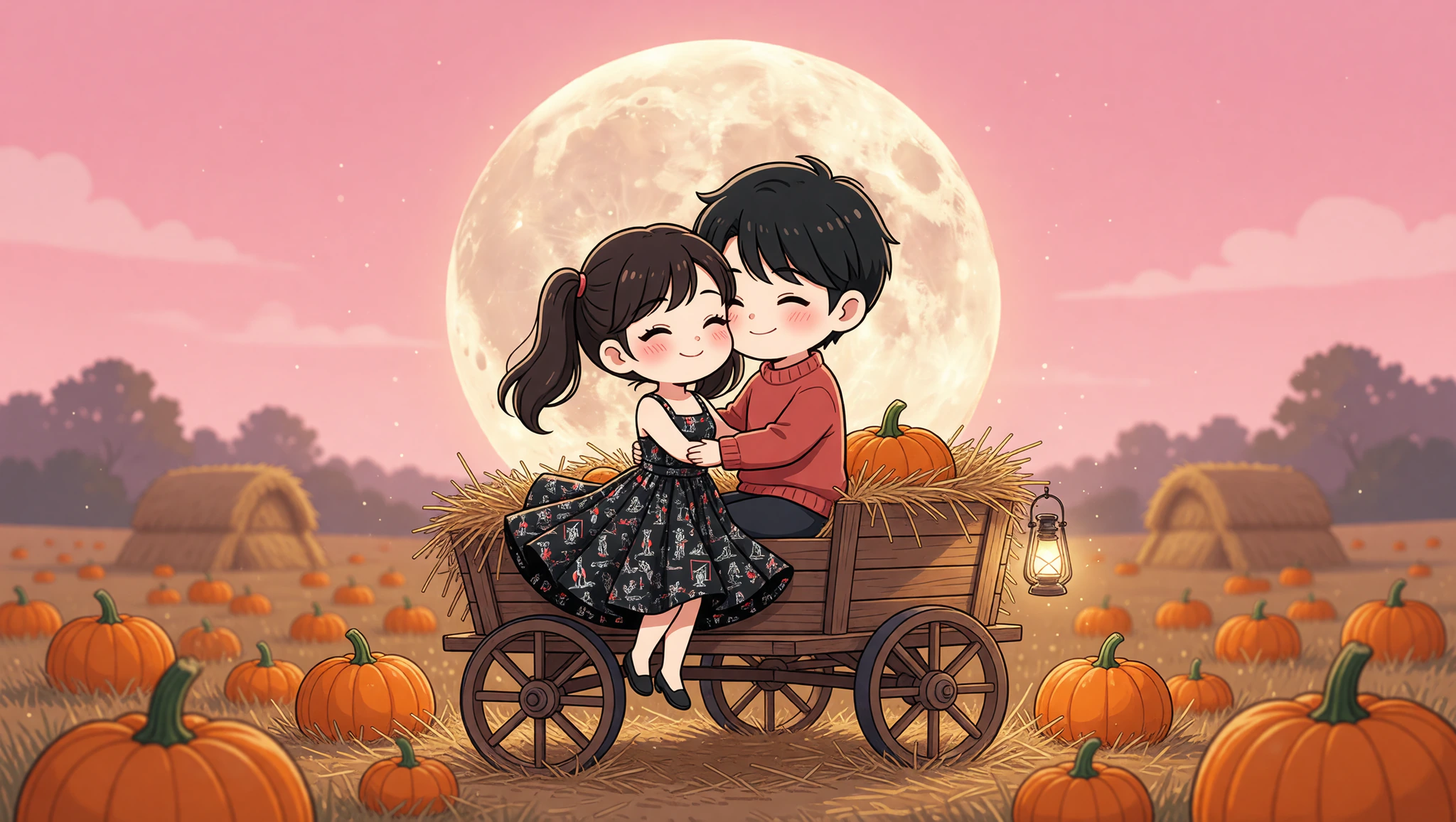 Couple enjoying harvest moon hayride date in Kamasutra Cute Skater Dress