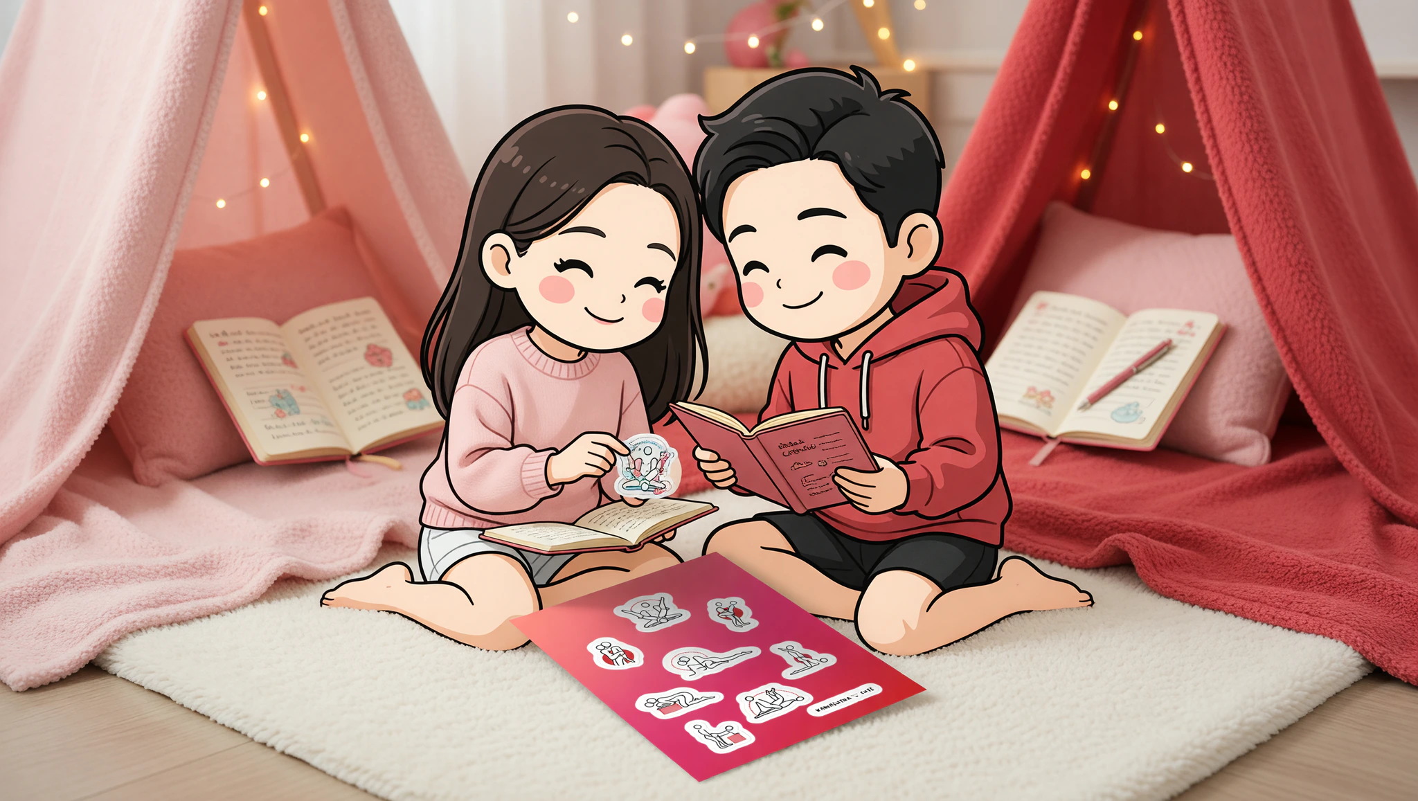 Couple crafting flirty travel diaries with Kamasutra Cute stickers at home.