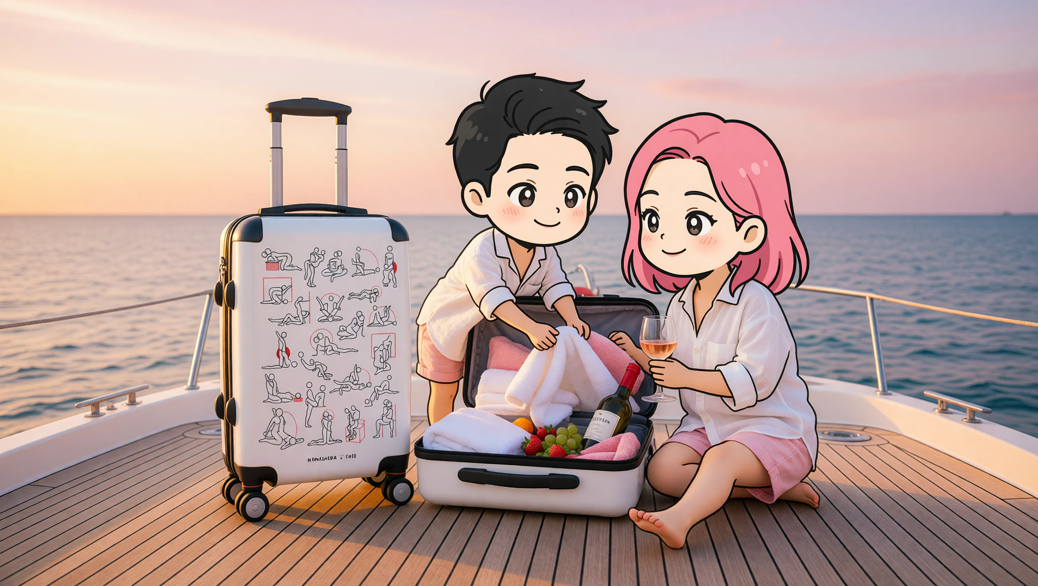 Couple enjoying sunset yacht date with Kamasutra Cute suitcase essentials.