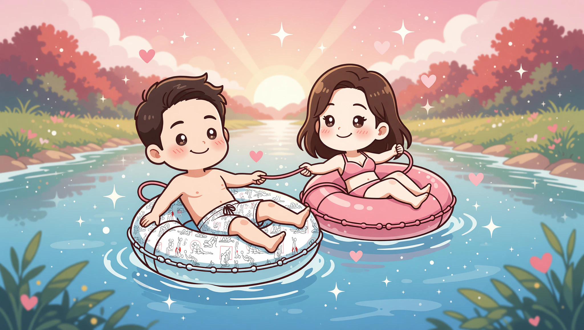 Chibi couple in Kamasutra swim trunks on lazy river tube date.