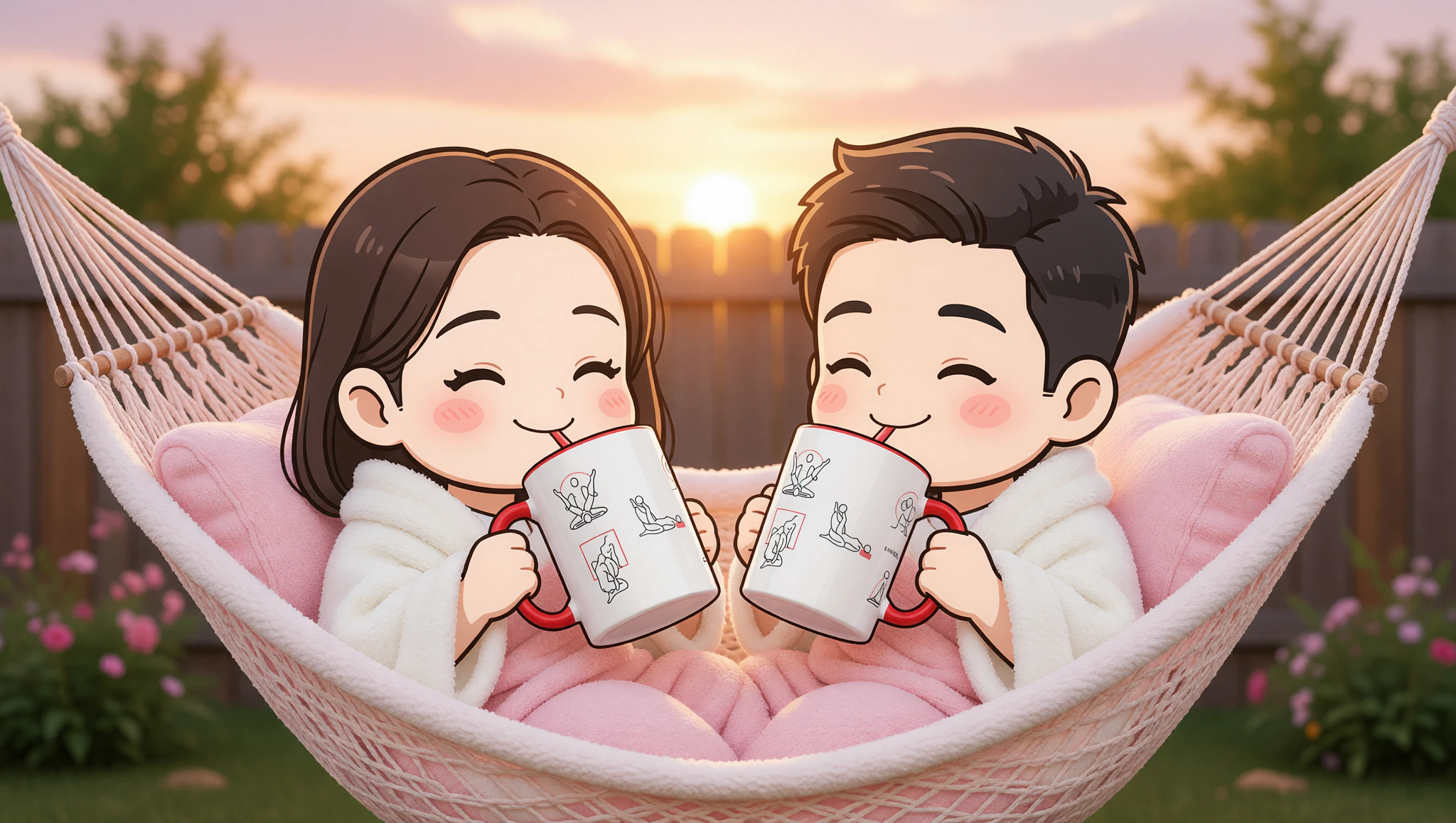 Chibi couple in hammock sipping colorful cozy mugs