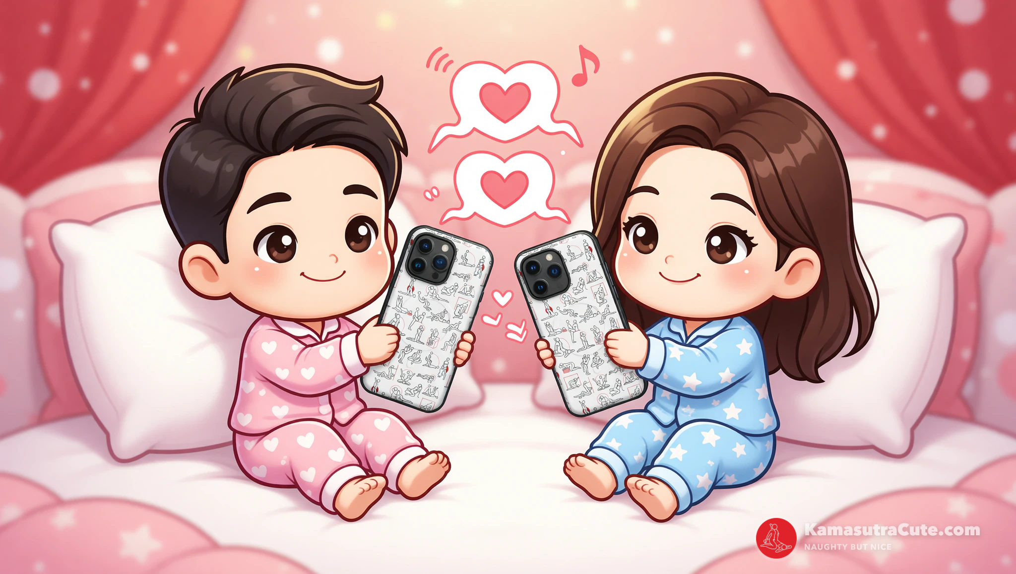 Couple sharing intimate voice notes with phones in Kamasutra Cute style.
