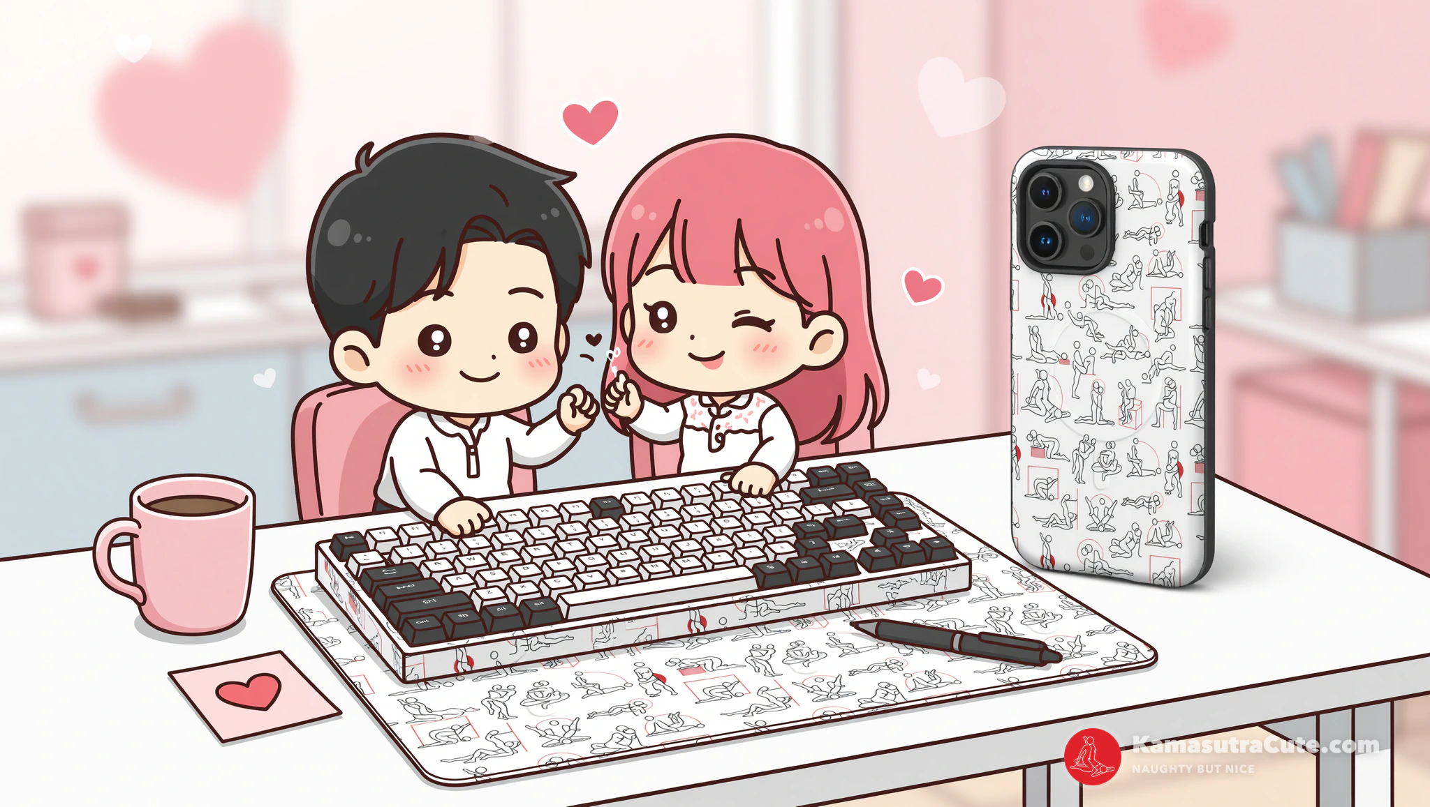Chibi couple with custom keyboard gifts and desk mats