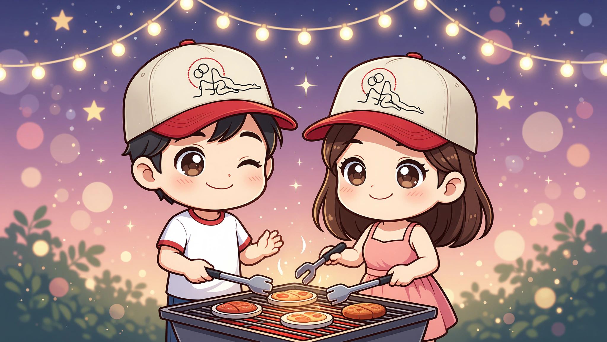 Chibi couple in cute 5-panel caps at romantic backyard BBQ.
