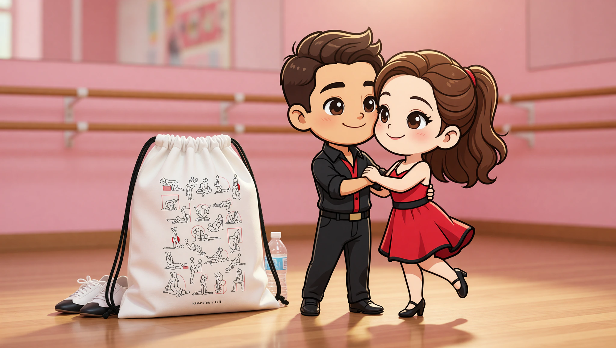Couple enjoying flirty dance workshop with Kamasutra Cute drawstring bags.