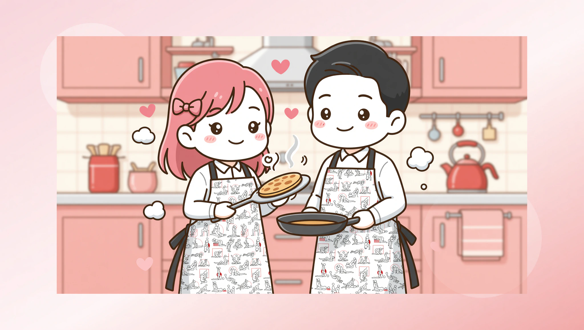 Chibi couple in Kamasutra aprons enjoying flirty pancake brunch.
