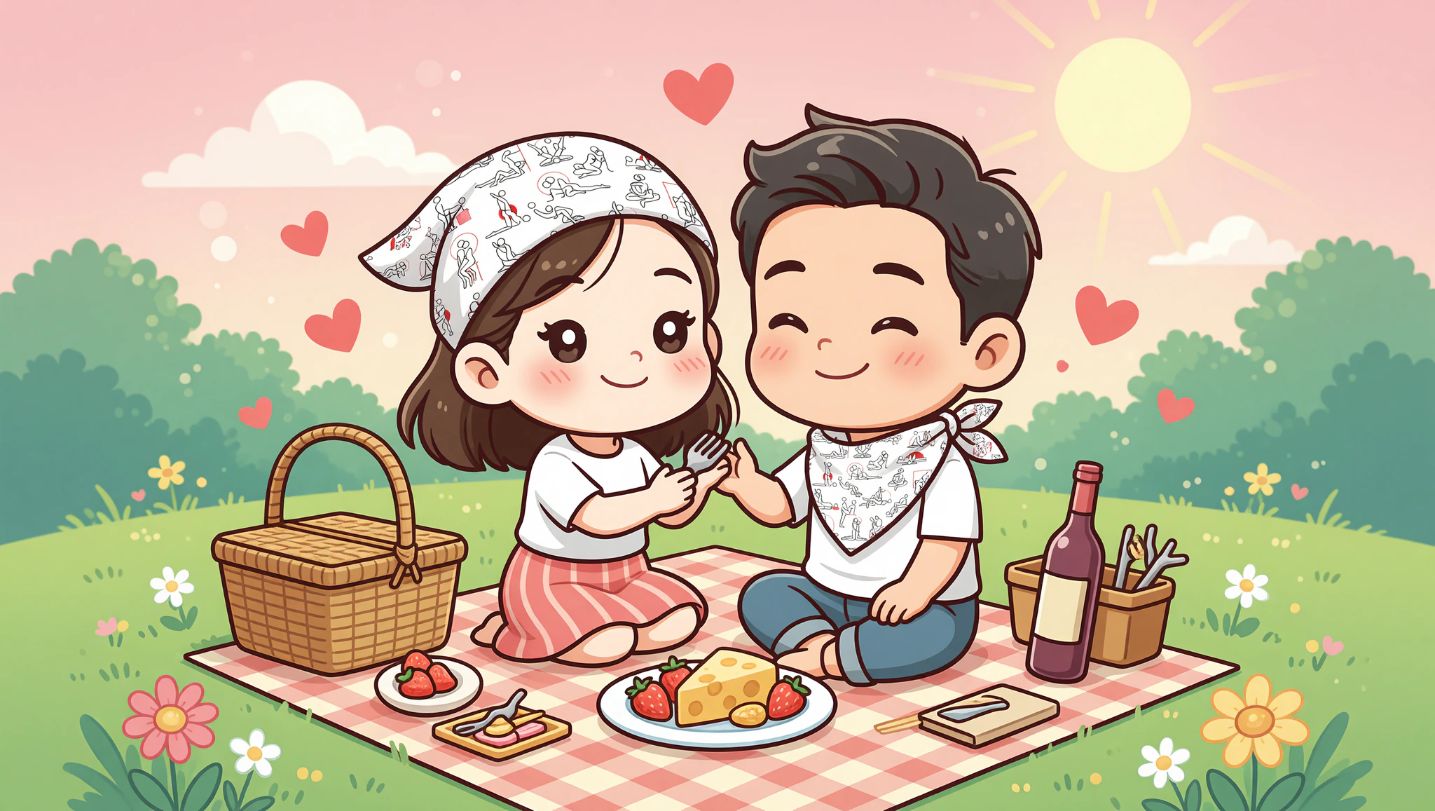 Chibi couple on flirty park picnic with Kamasutra Cute bandanas.