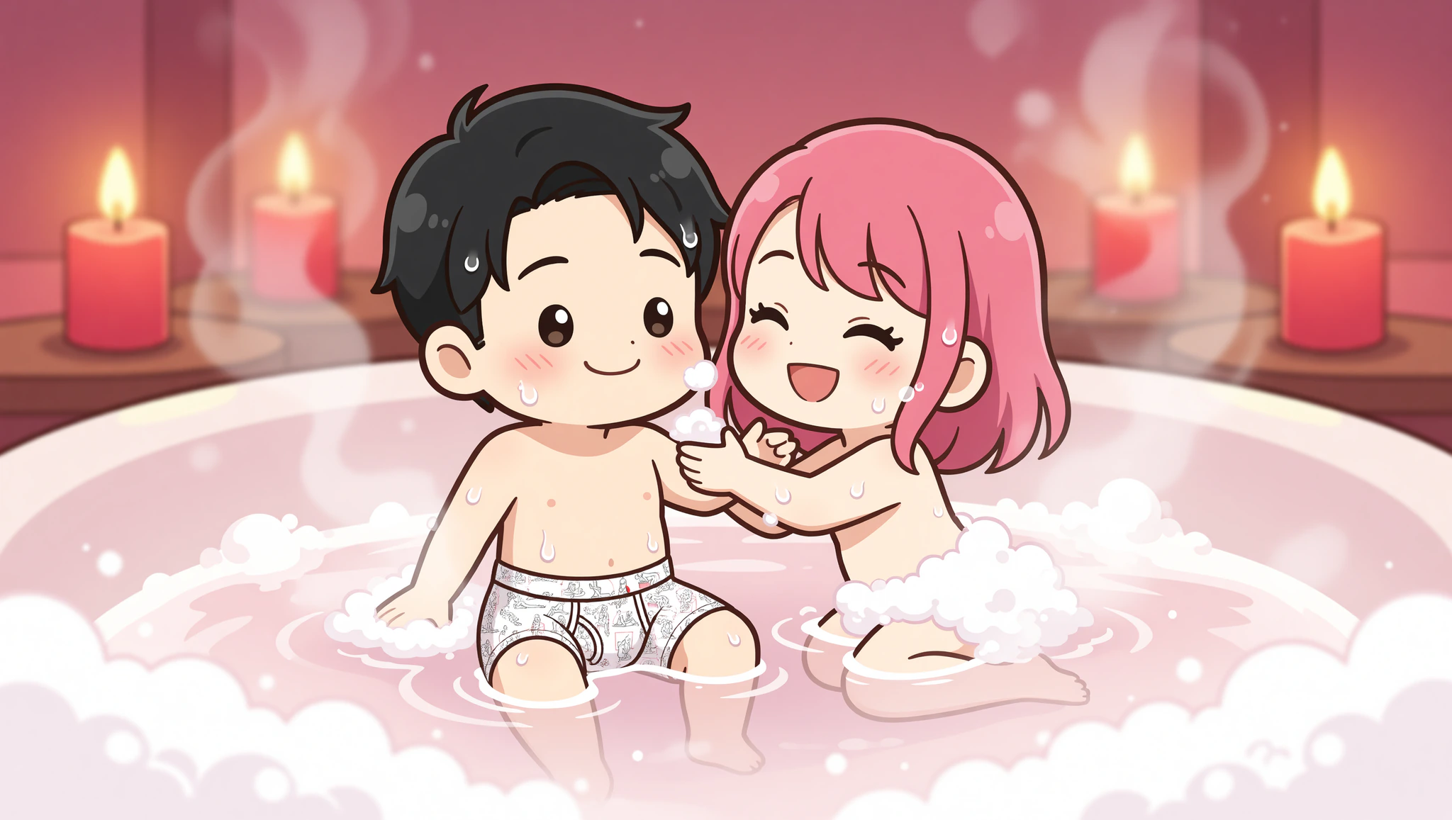 Couple in bubble bath bliss with Kamasutra Cute Boxer Briefs