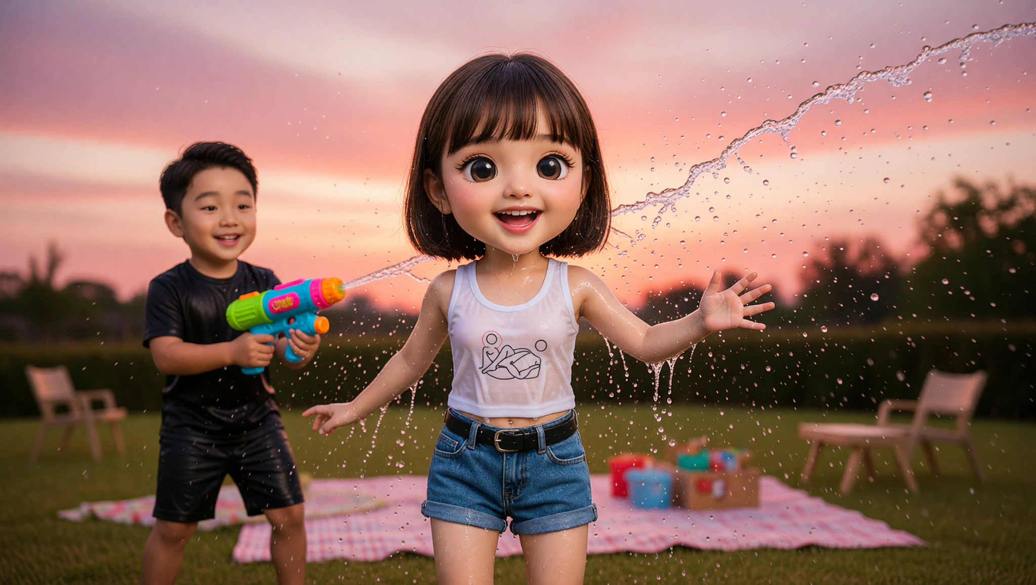 Couple splashing in backyard water fight with Kamasutra Cute Crop Top