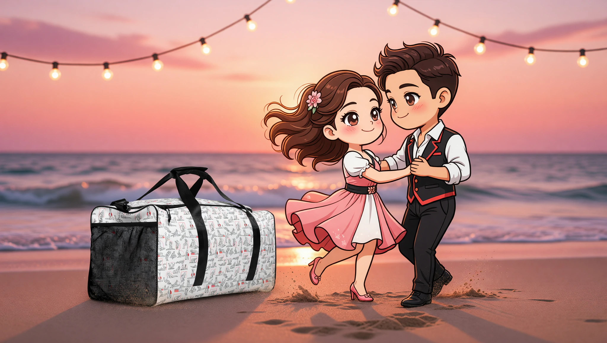 Couple salsa dancing on beach with Kamasutra Cute - Duffle bag for steamy retreats