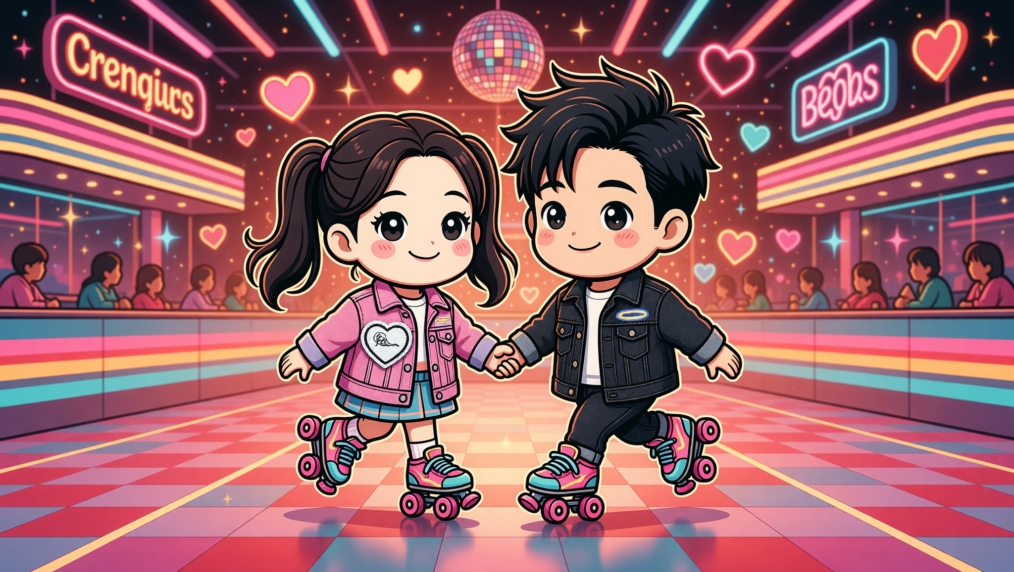 Chibi couple roller skating with cute Kamasutra patches