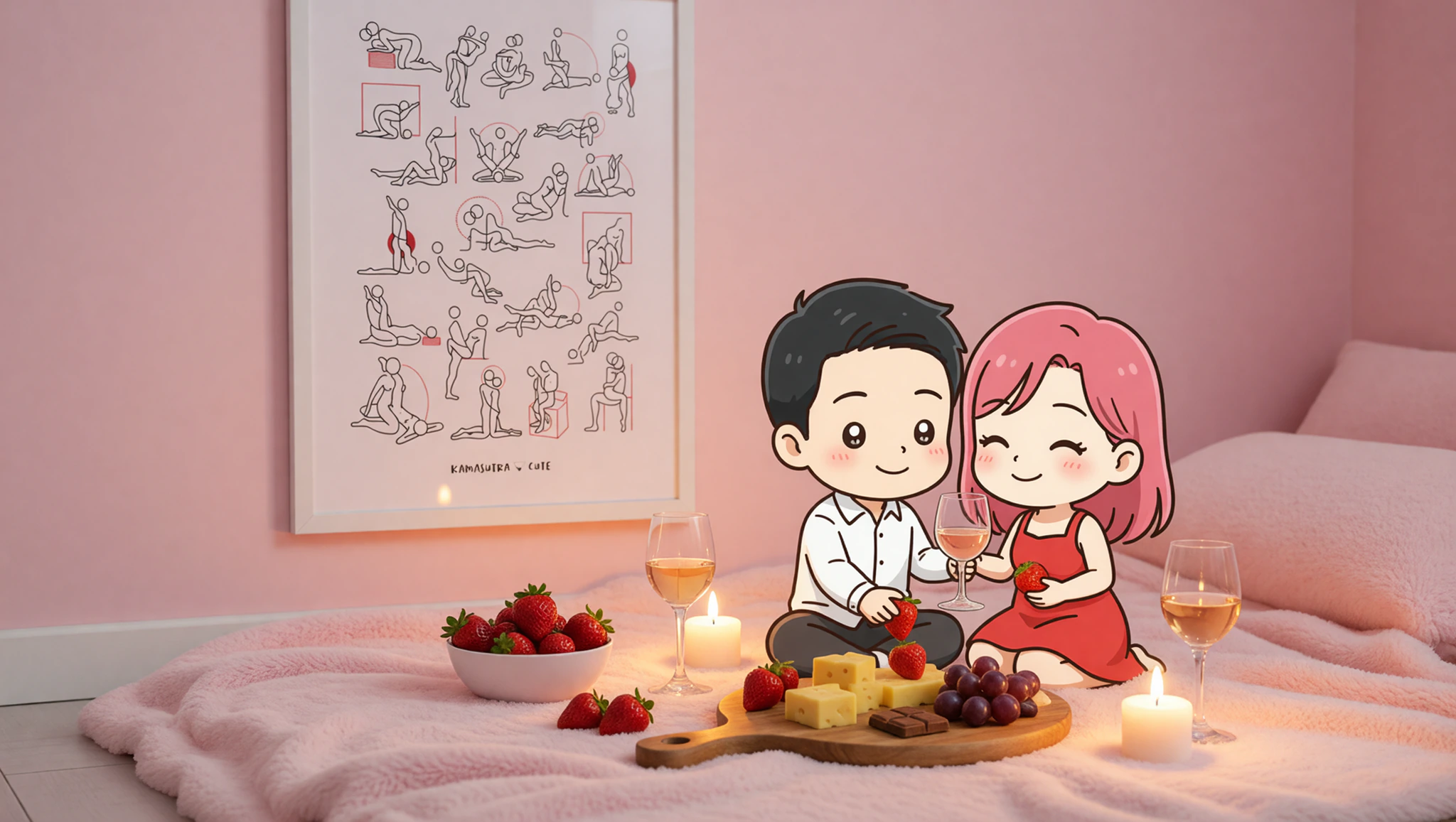 Bedroom picnic setup with Kamasutra Cute - Framed poster and romantic treats.