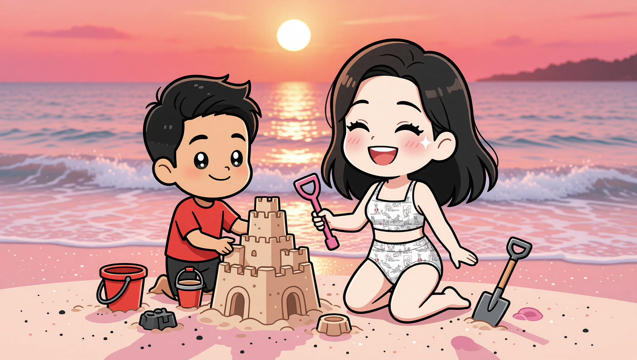 Couple in flirty sandcastle contest: she in Kamasutra Cute high-waisted bikini bottom.