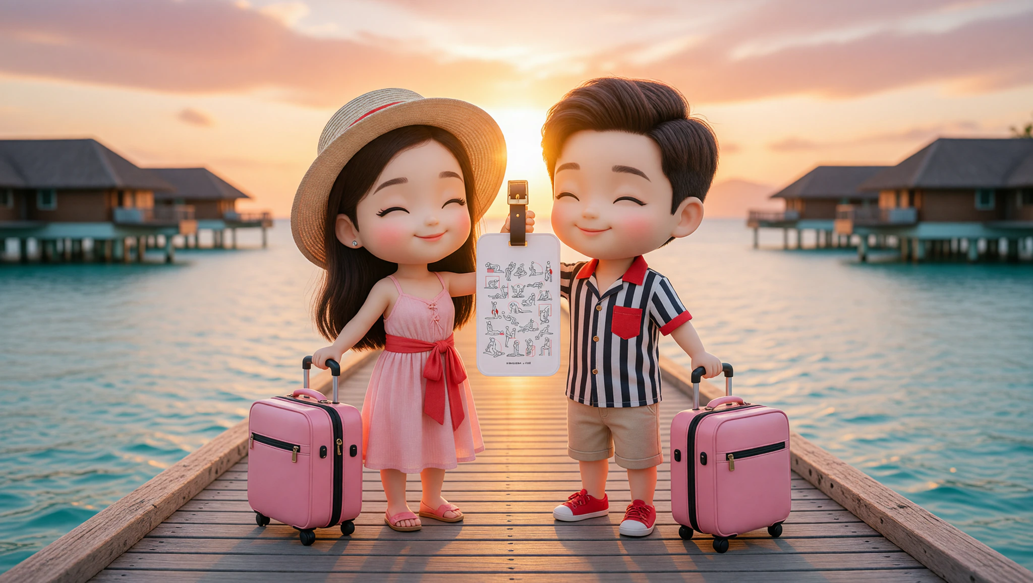 Couple with Kamasutra Cute Luggage tags on bags during romantic pier walk for Bora Bora trip.