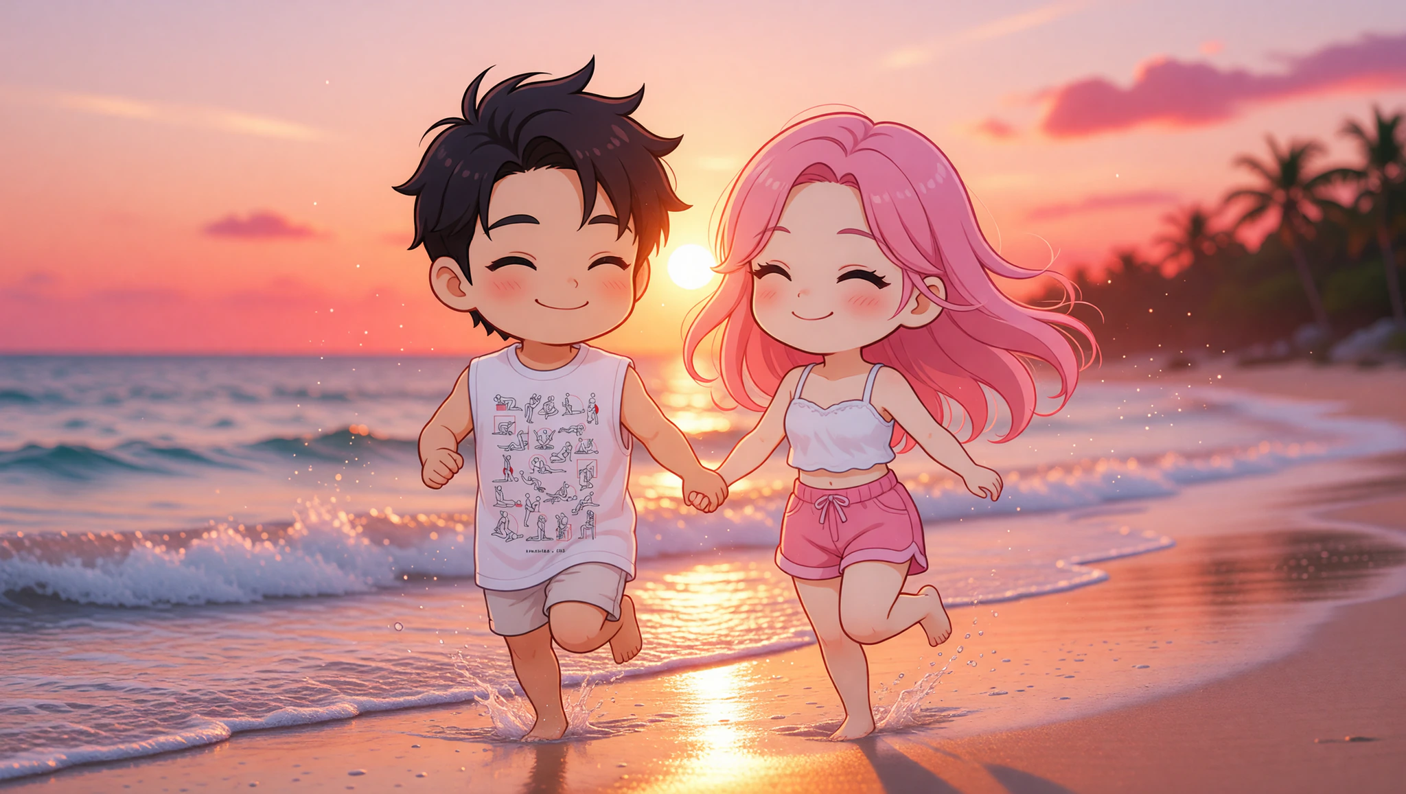 Couple enjoying flirty sunset beach run date