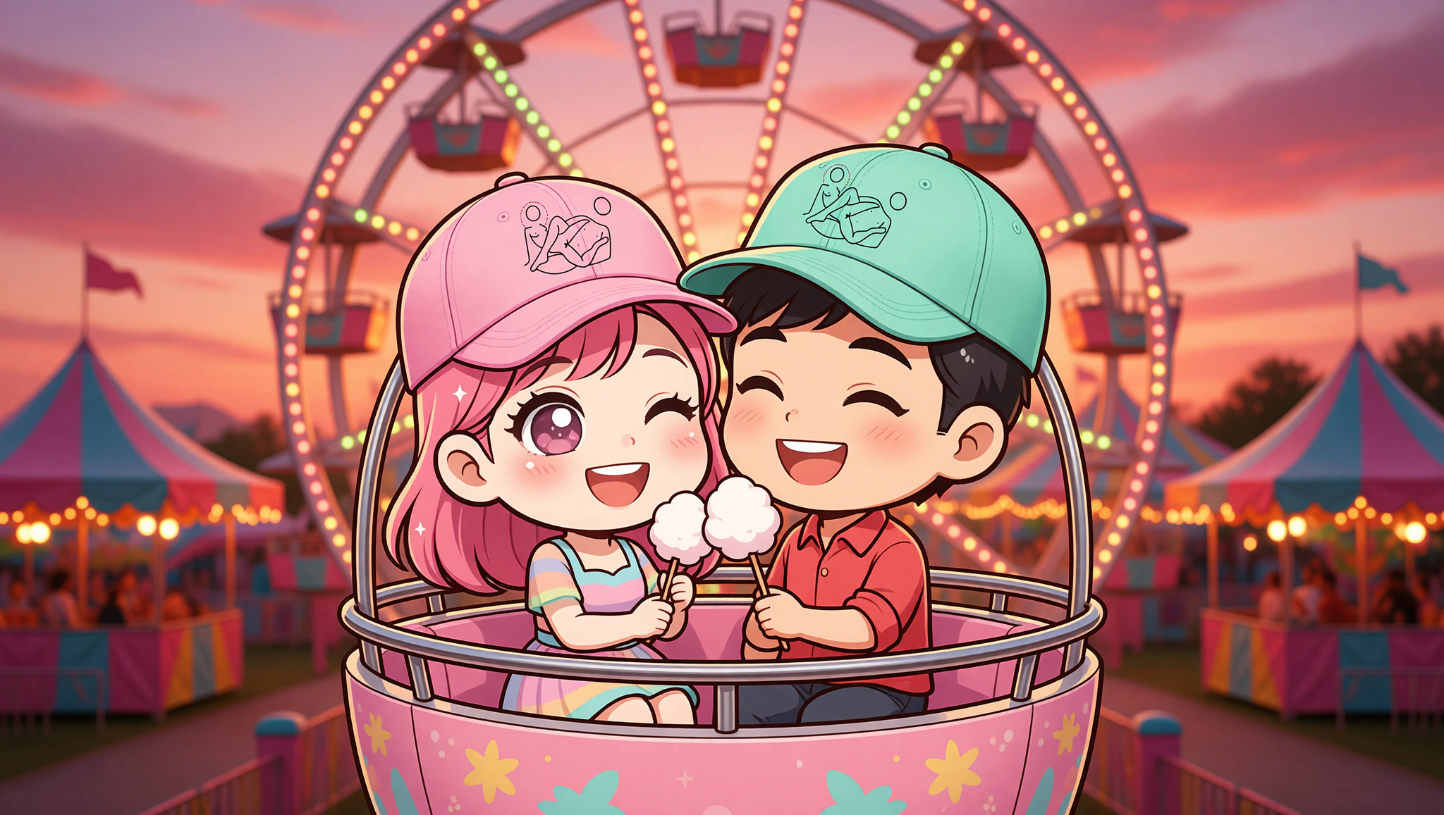 Couple in Kamasutra Cute pastel baseball hats enjoying a flirty Ferris wheel ride at the county fair.