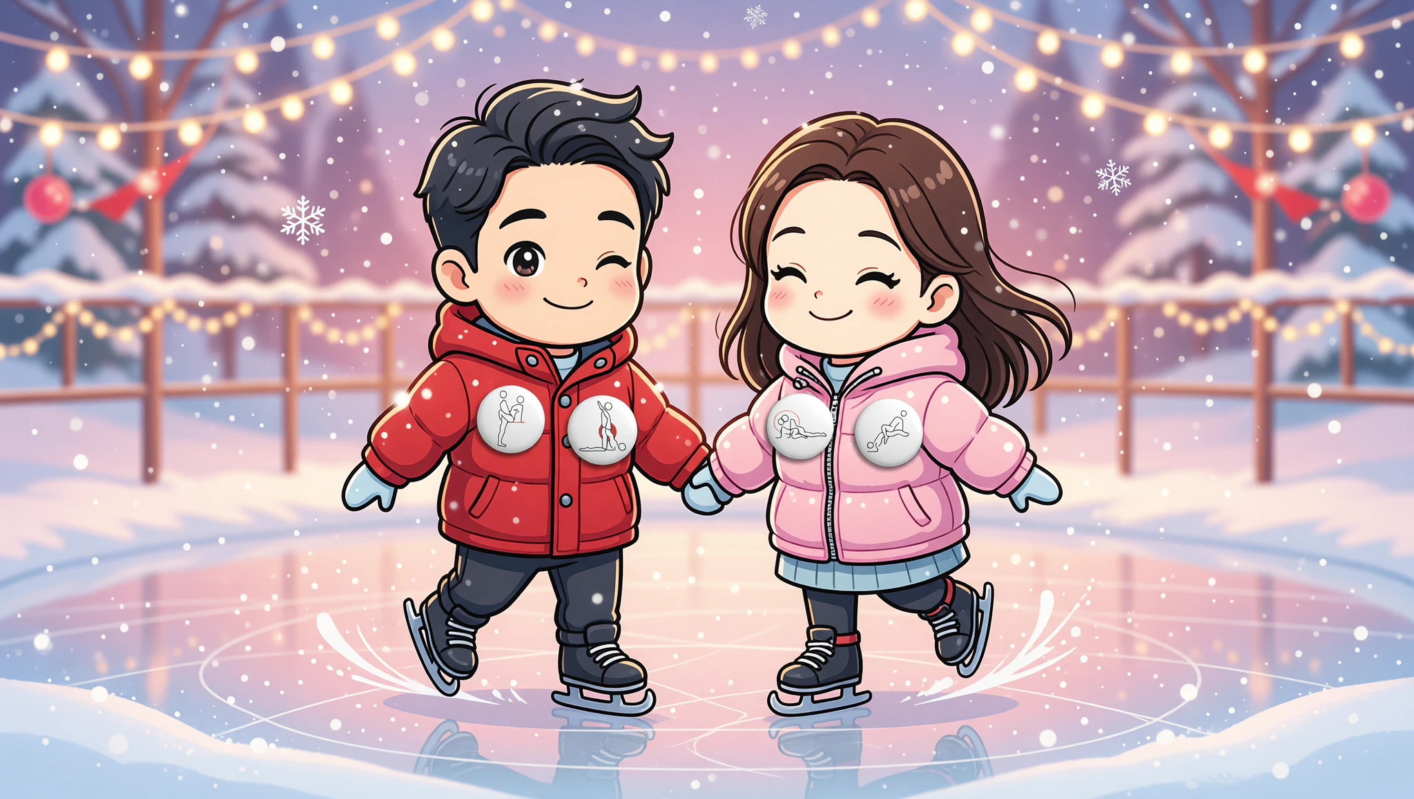 Chibi couple ice skating with Kamasutra Cute pin buttons