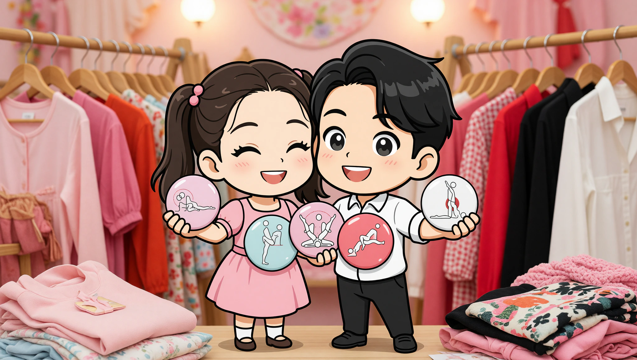 Chibi couple thrift shopping with Kamasutra cute pin buttons