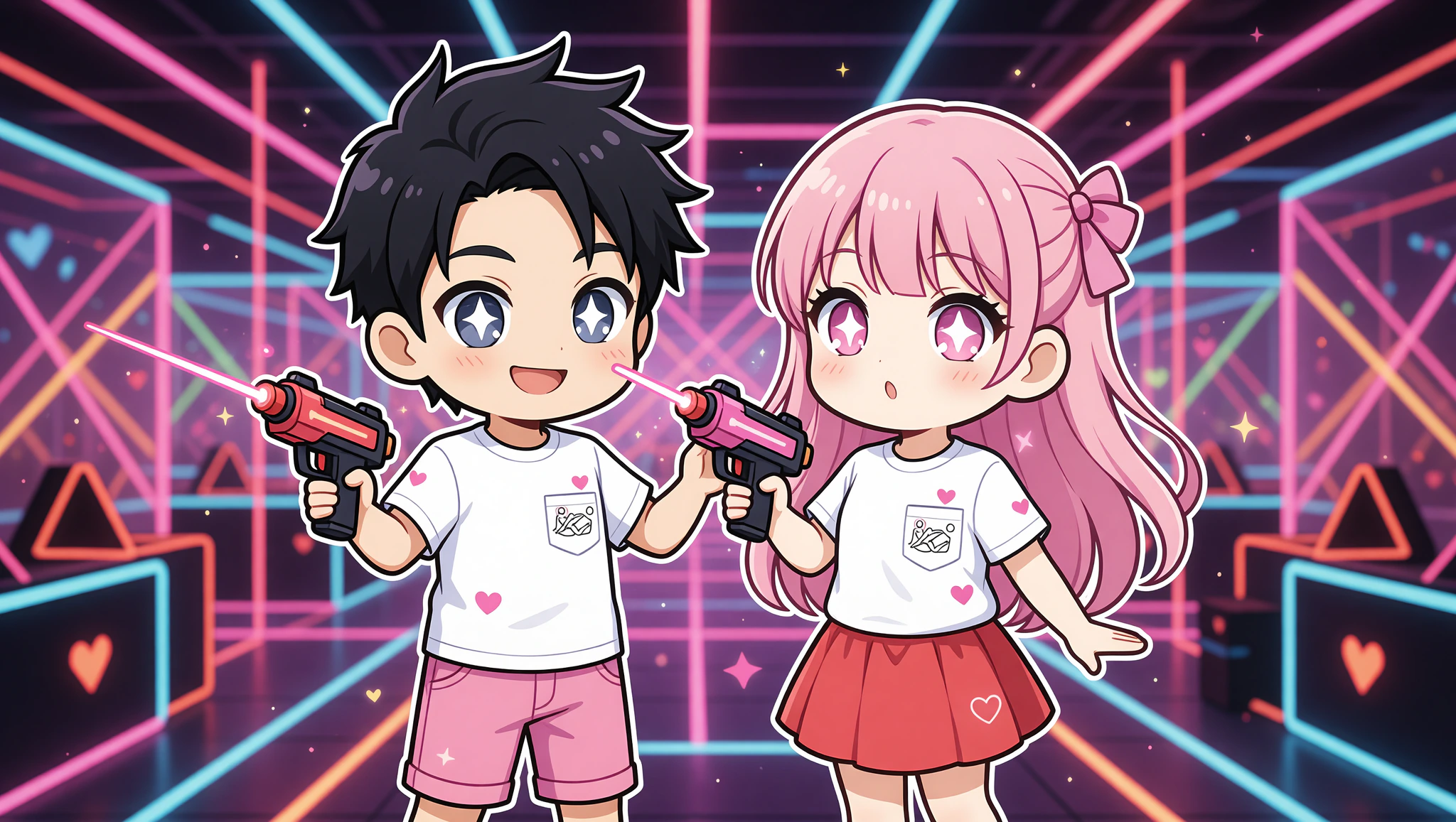 Chibi couple in Kamasutra Cute tees in flirty laser tag battle