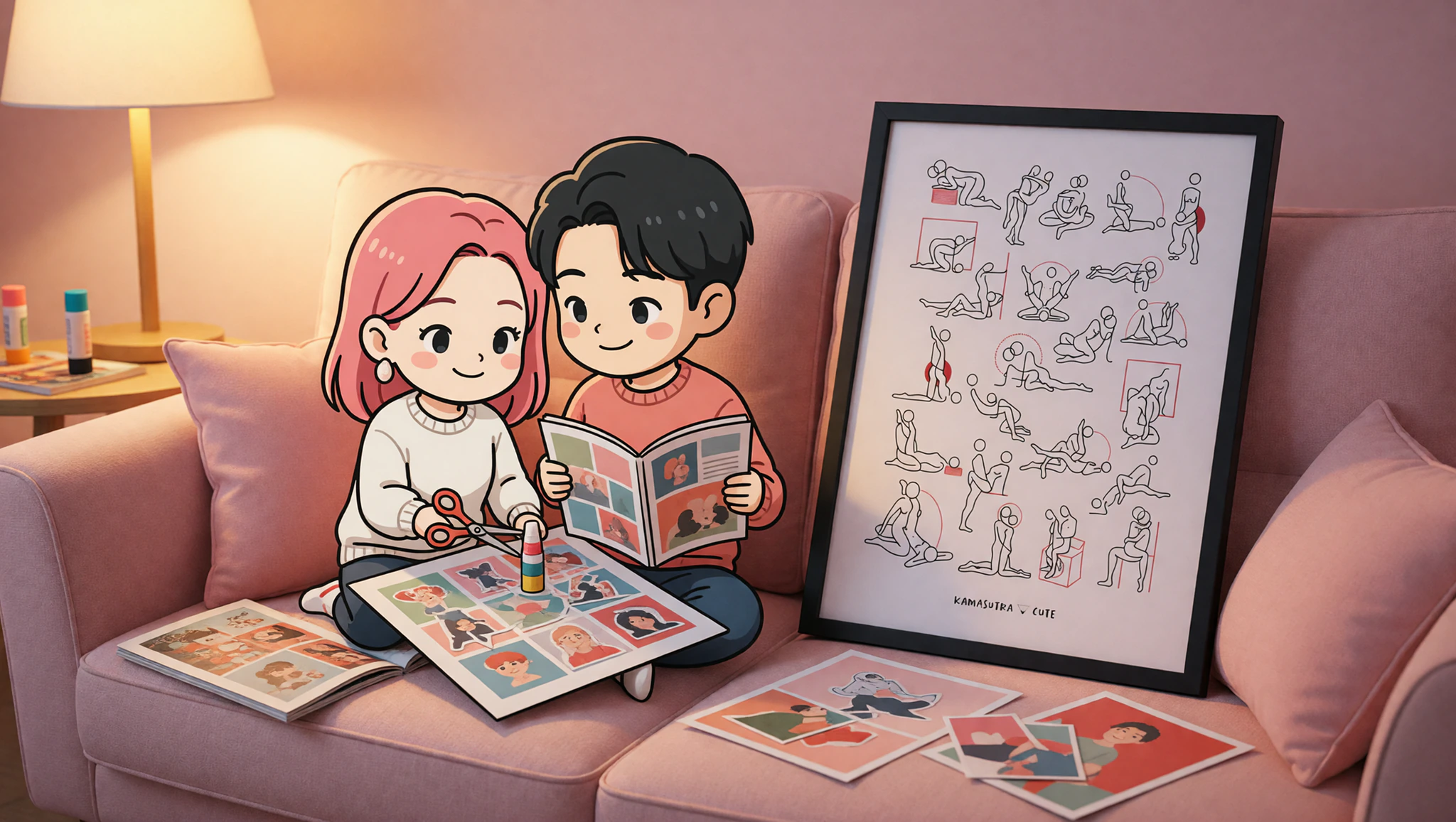Couple making naughty-nice vision board with Kamasutra Cute framed poster