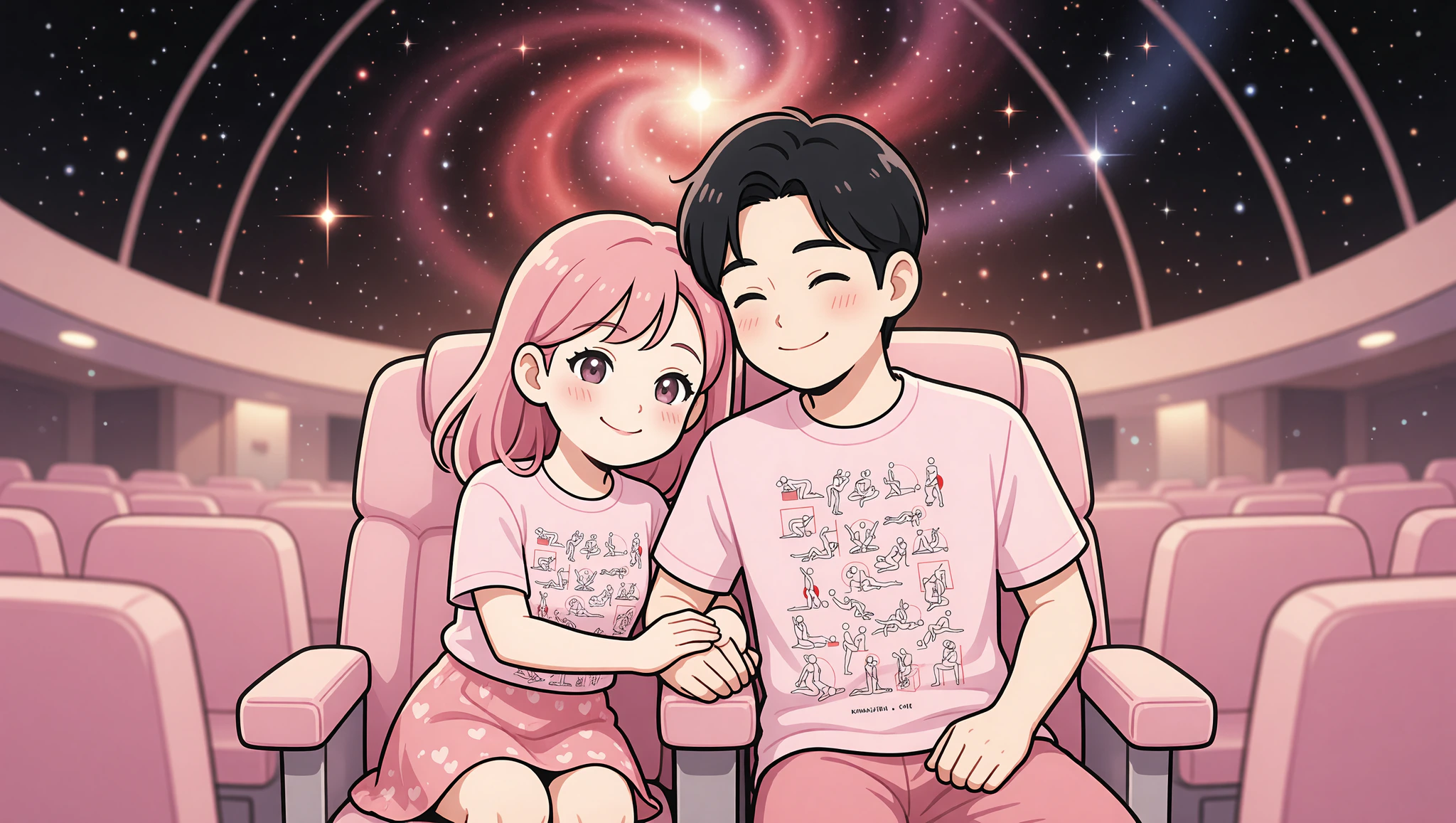 Chibi couple in cute tees enjoying flirty planetarium date.