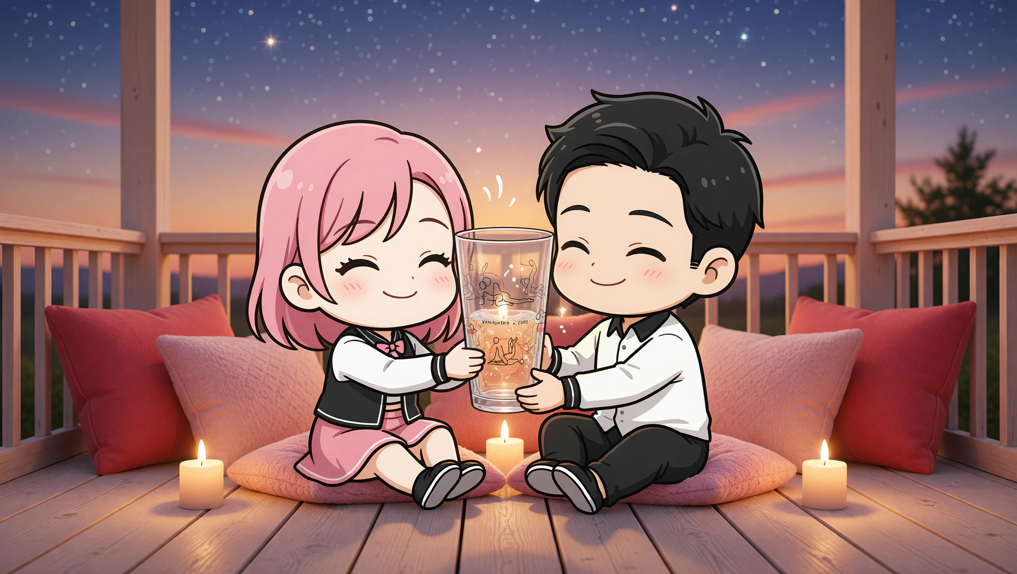 Couple on porch shaking Kamasutra Cute glasses for flirty cocktail date.