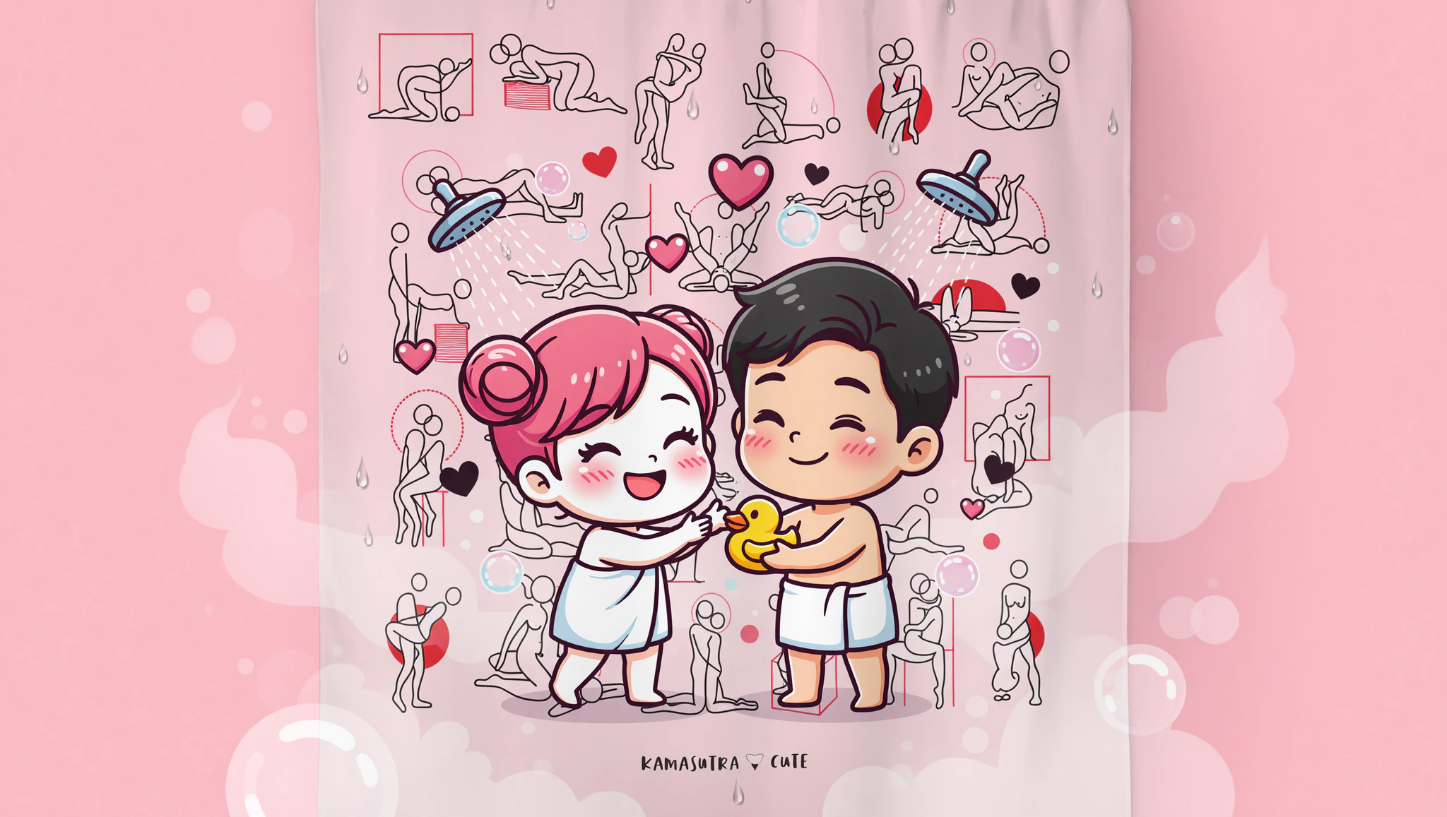 Chibi couple flirting in shower with Kamasutra Cute curtain