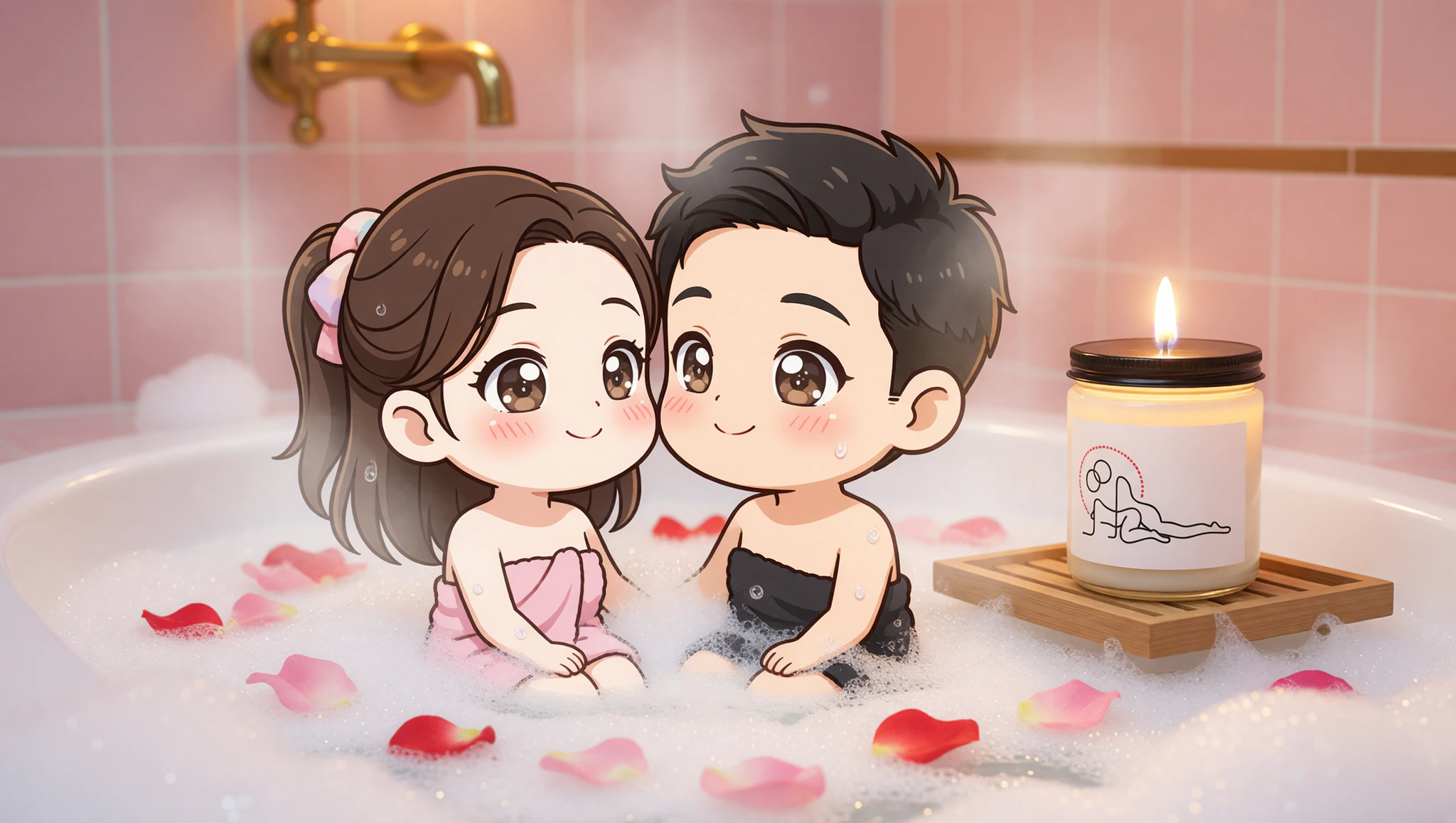 Couple enjoying steamy candlelit bath with Kamasutra Cute soy candle.