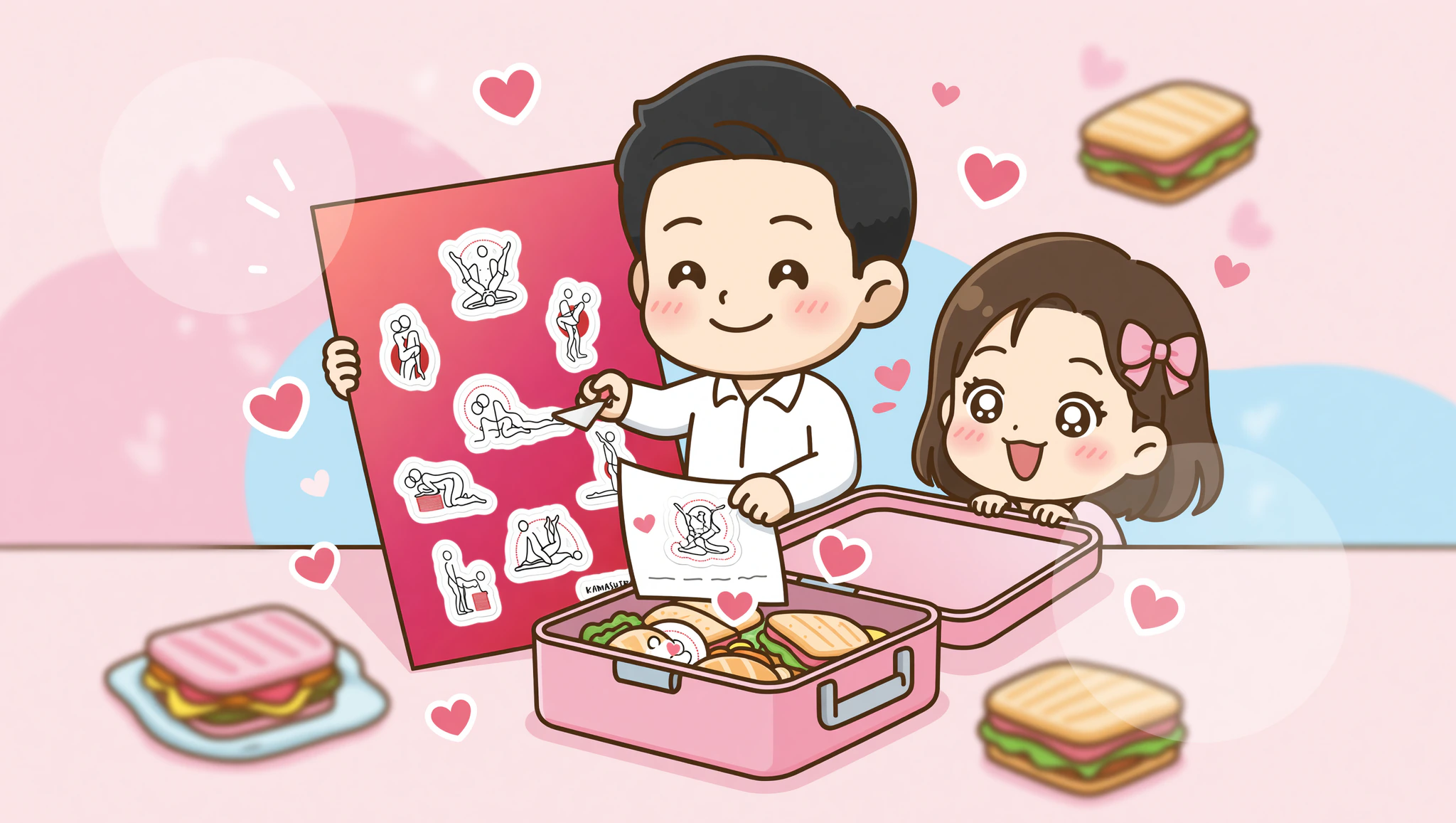 Chibi couple sharing Kamasutra Cute sticker lunchbox surprise