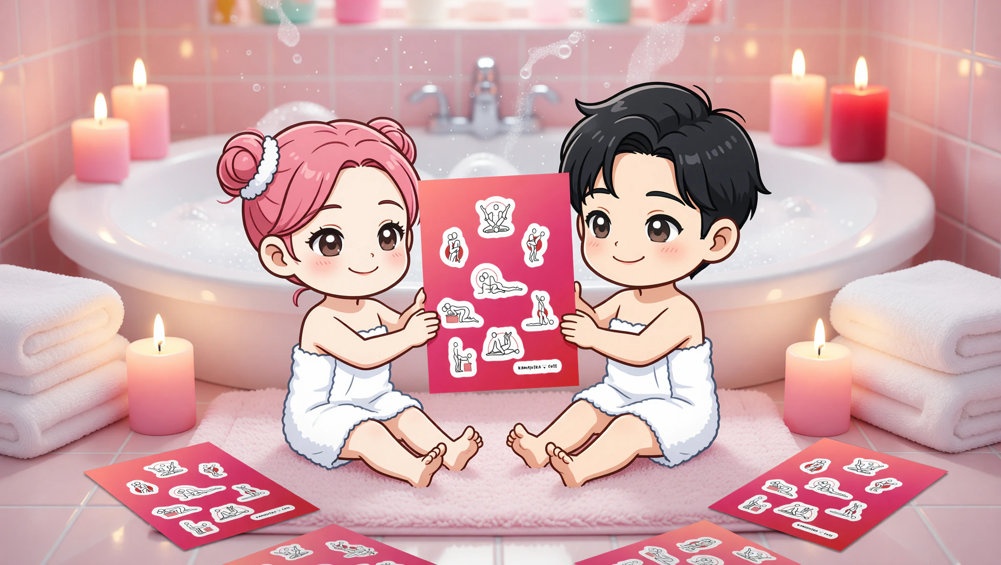 Chibi couple crafting Kamasutra Cute sticker spa invite in bubbly home bath