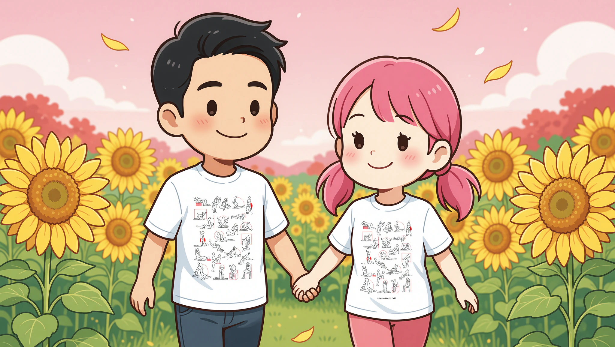 Chibi couple in Kamasutra Cute tees on sunflower field stroll