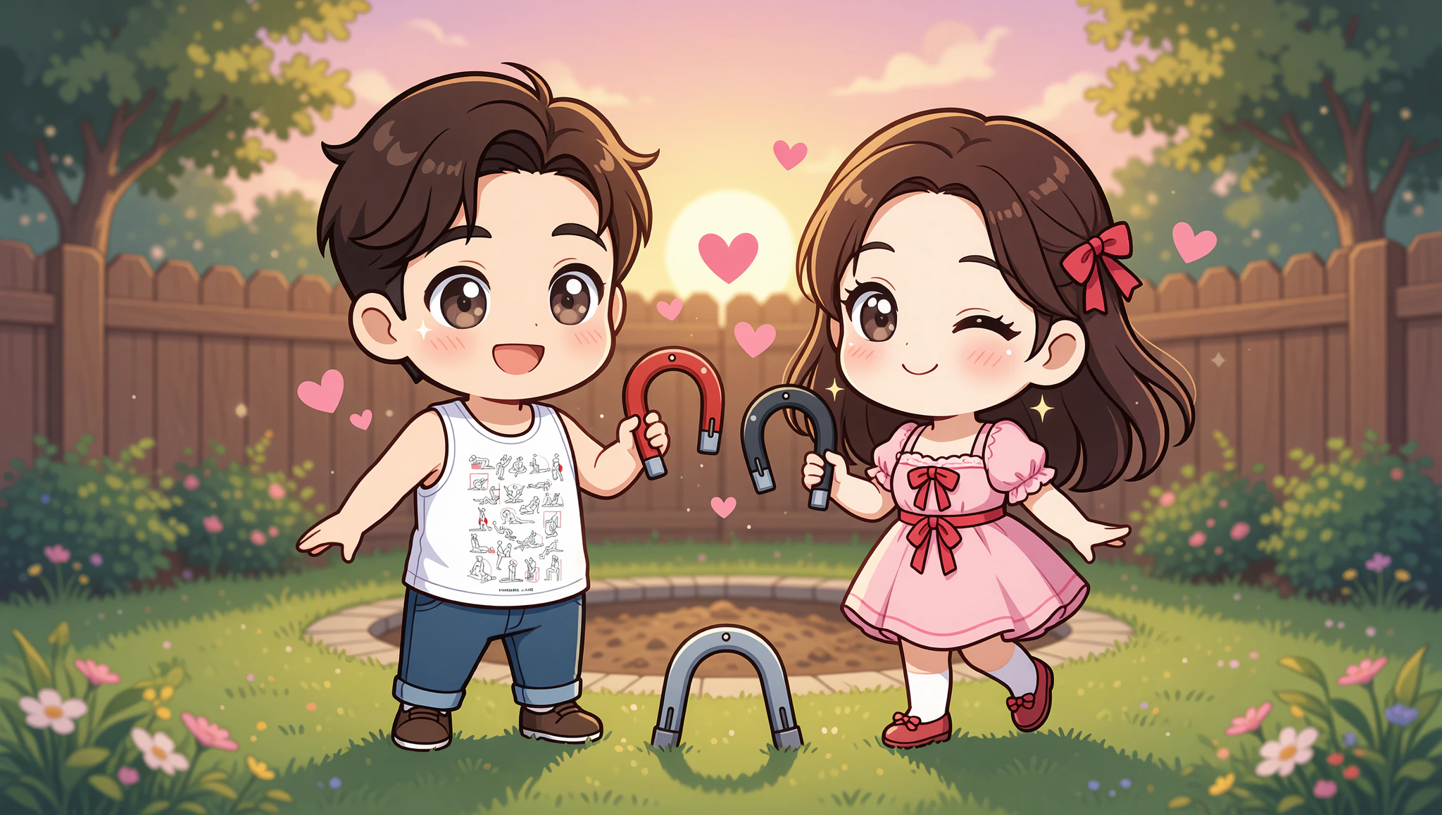 Chibi couple in Kamasutra tank top pitching horseshoes flirtatiously.