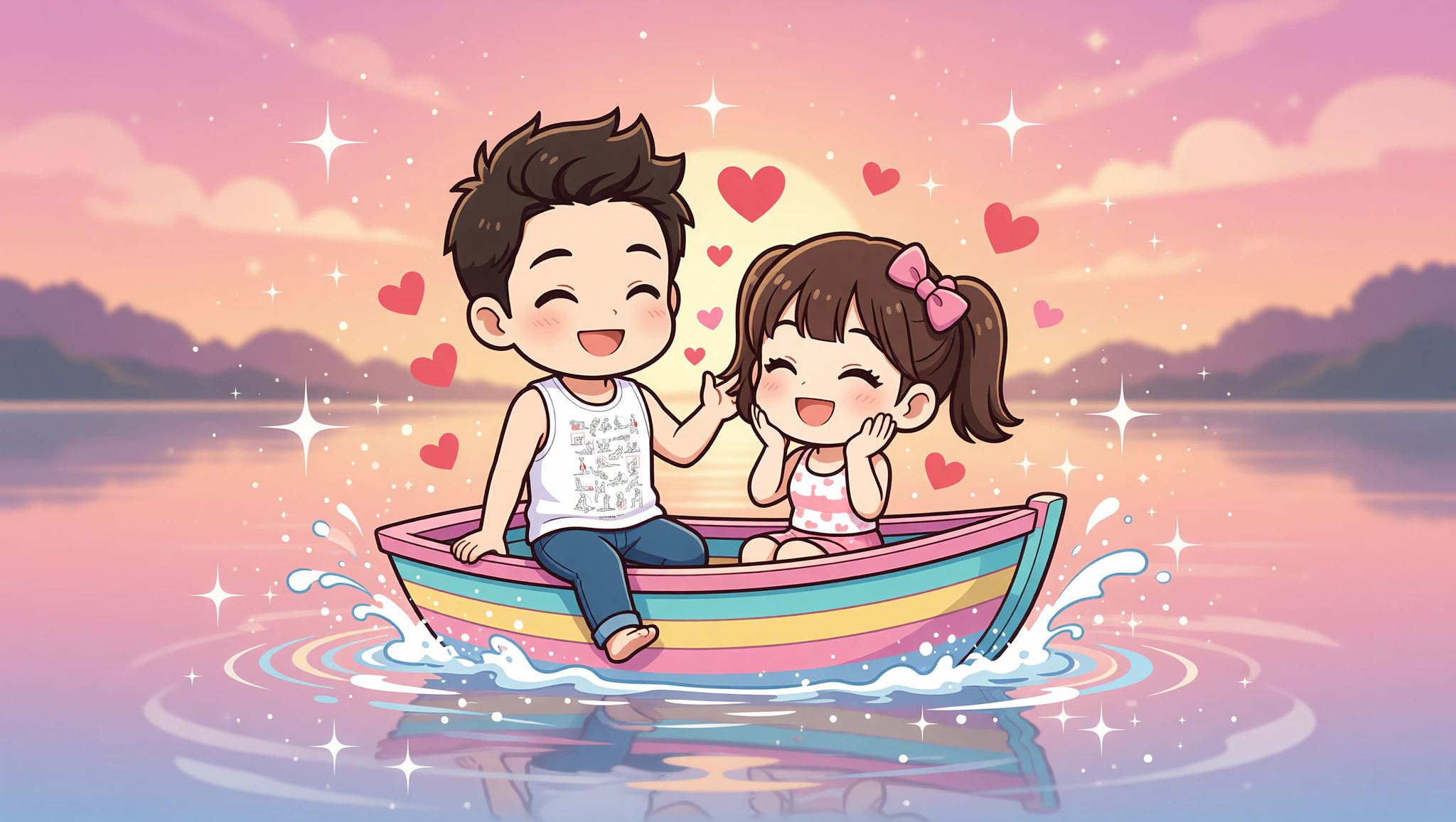 Chibi couple in Kamasutra tank top enjoying flirty lake boat date
