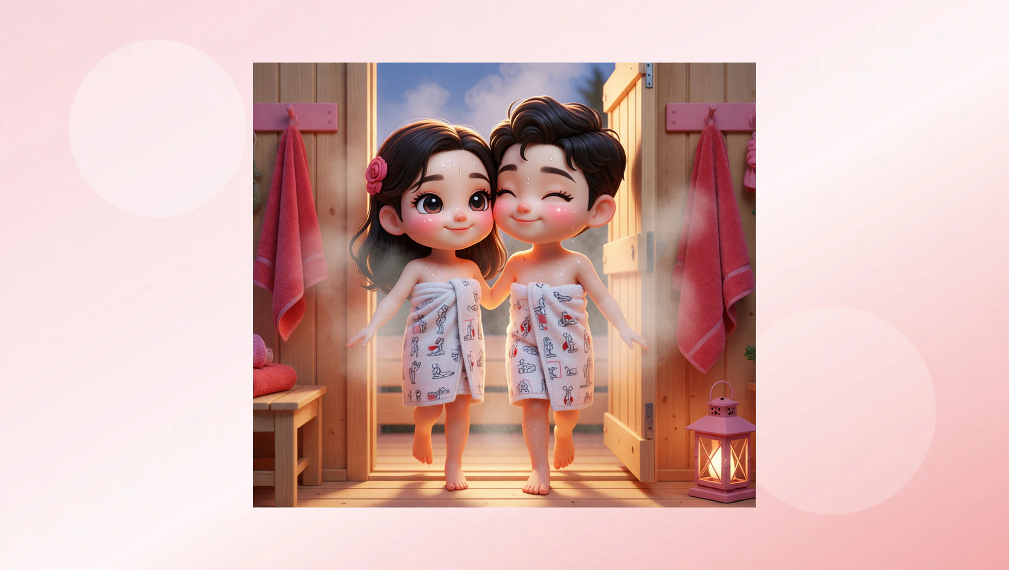 Couple in Kamasutra Cute Towels after romantic home sauna date.