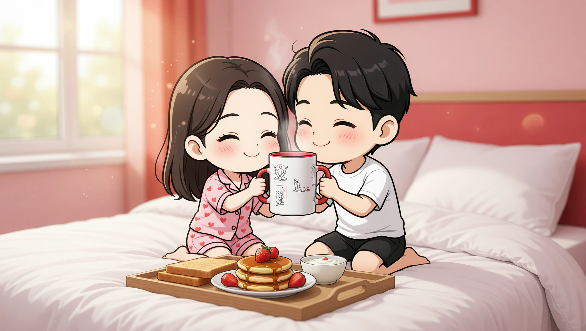 Playful bedroom breakfast tray with color-reveal Kamasutra Cute mug