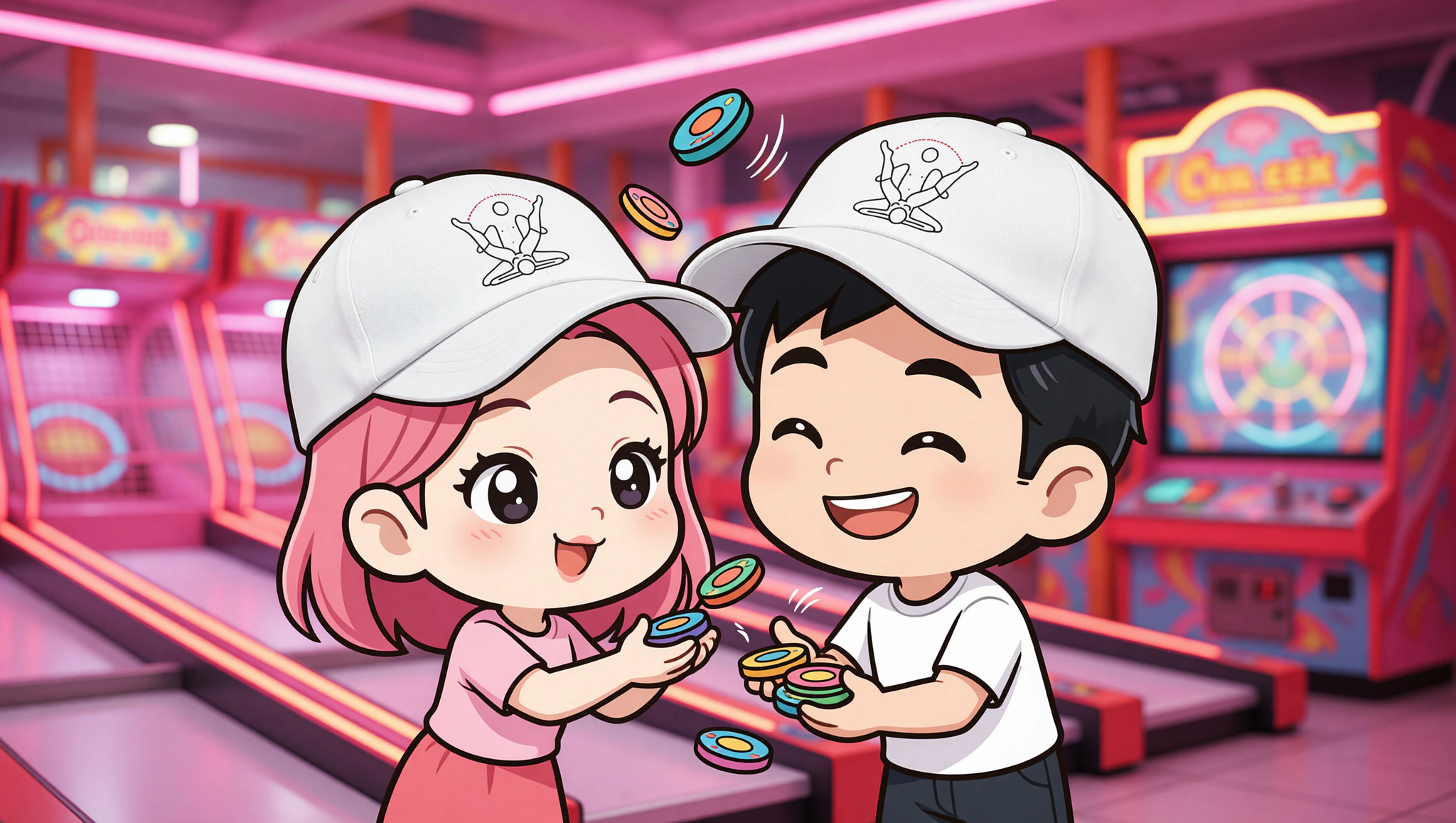 Couple in Kamasutra Cute dad hats enjoying flirty arcade skee-ball date.