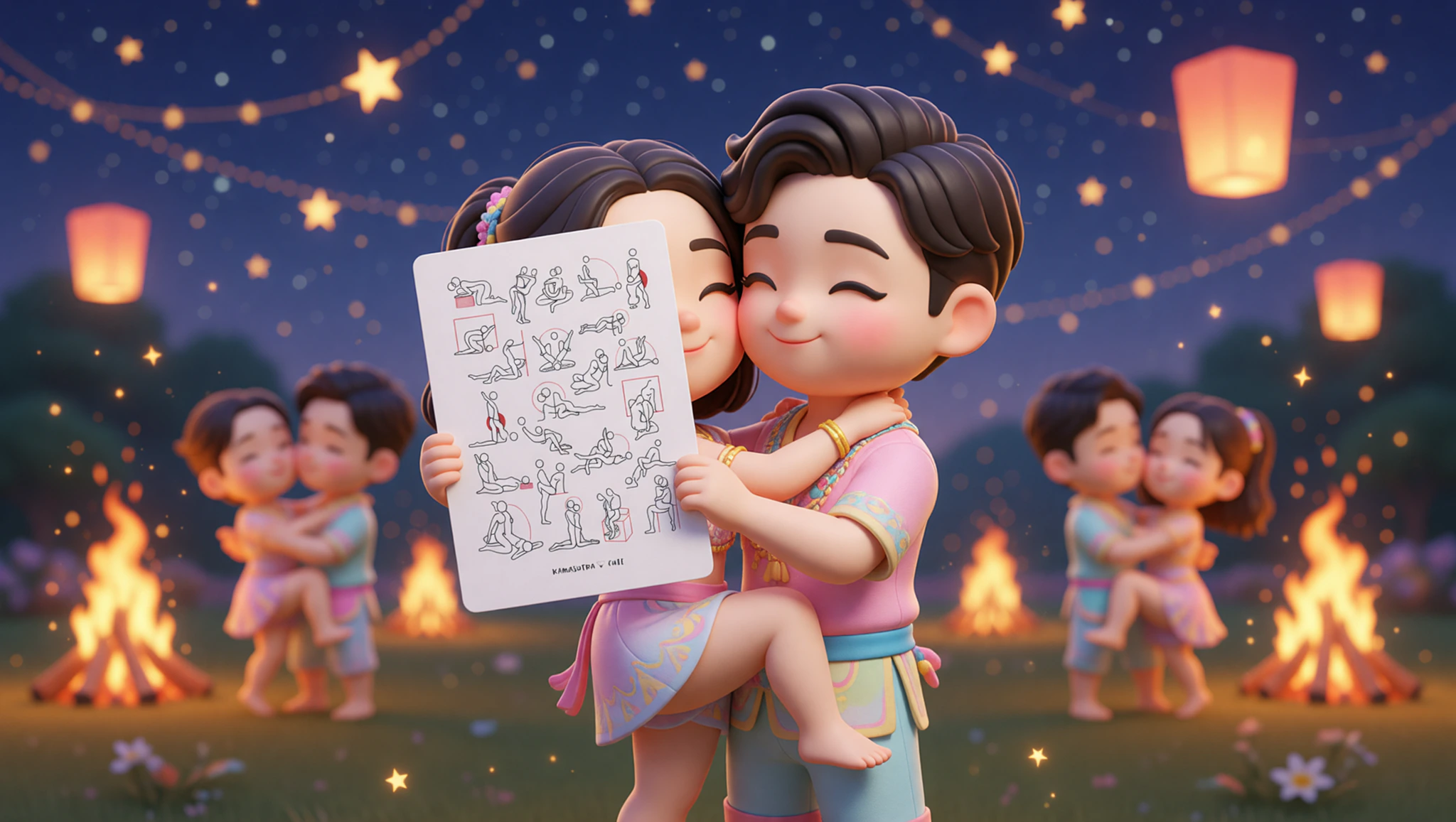 Pareja de hombre y mujer bailando apasionadamente la posición del loto en un festival Kamasutra íntimo en casa.