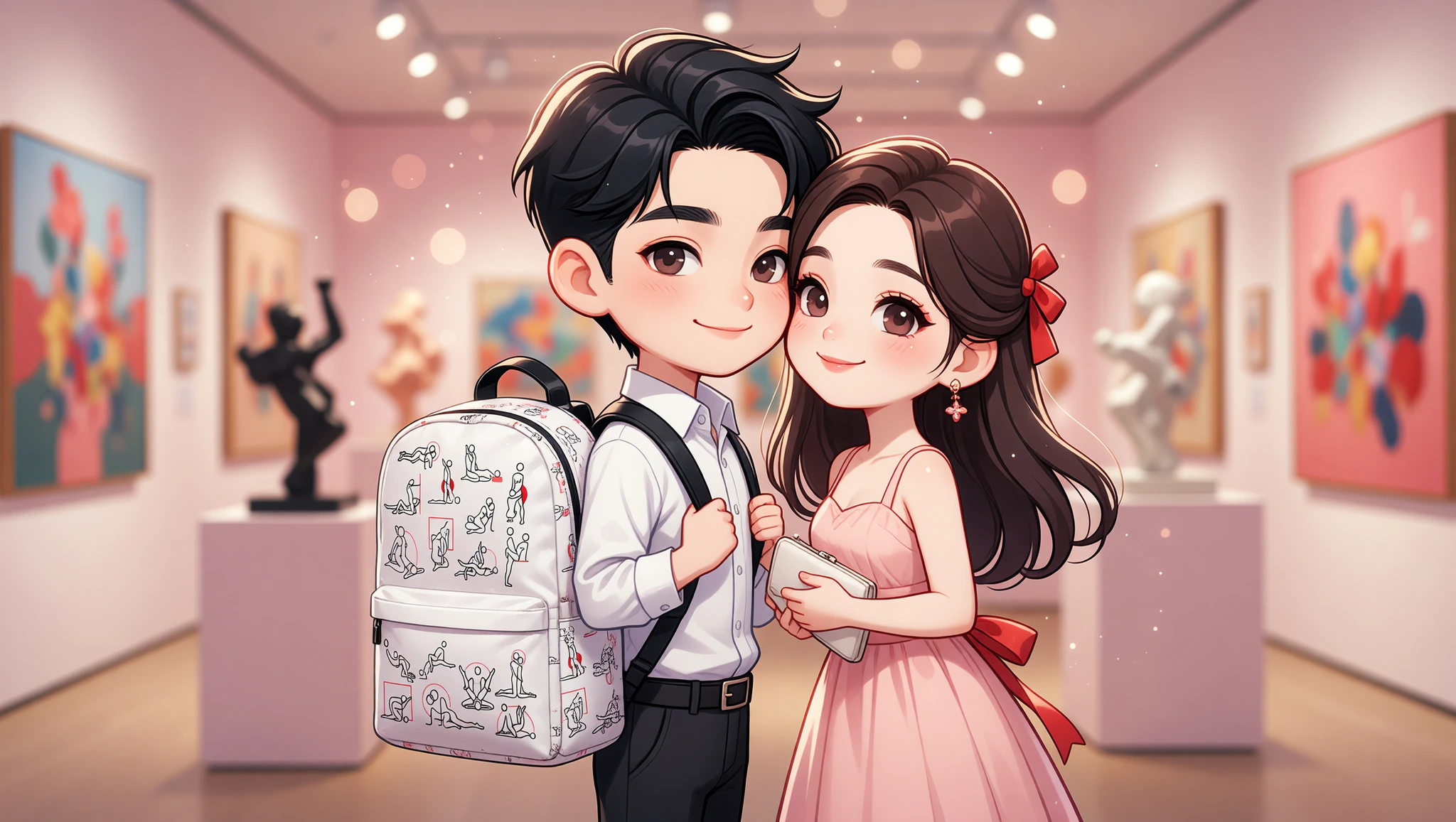 Couple museum date with discreet backpack surprises