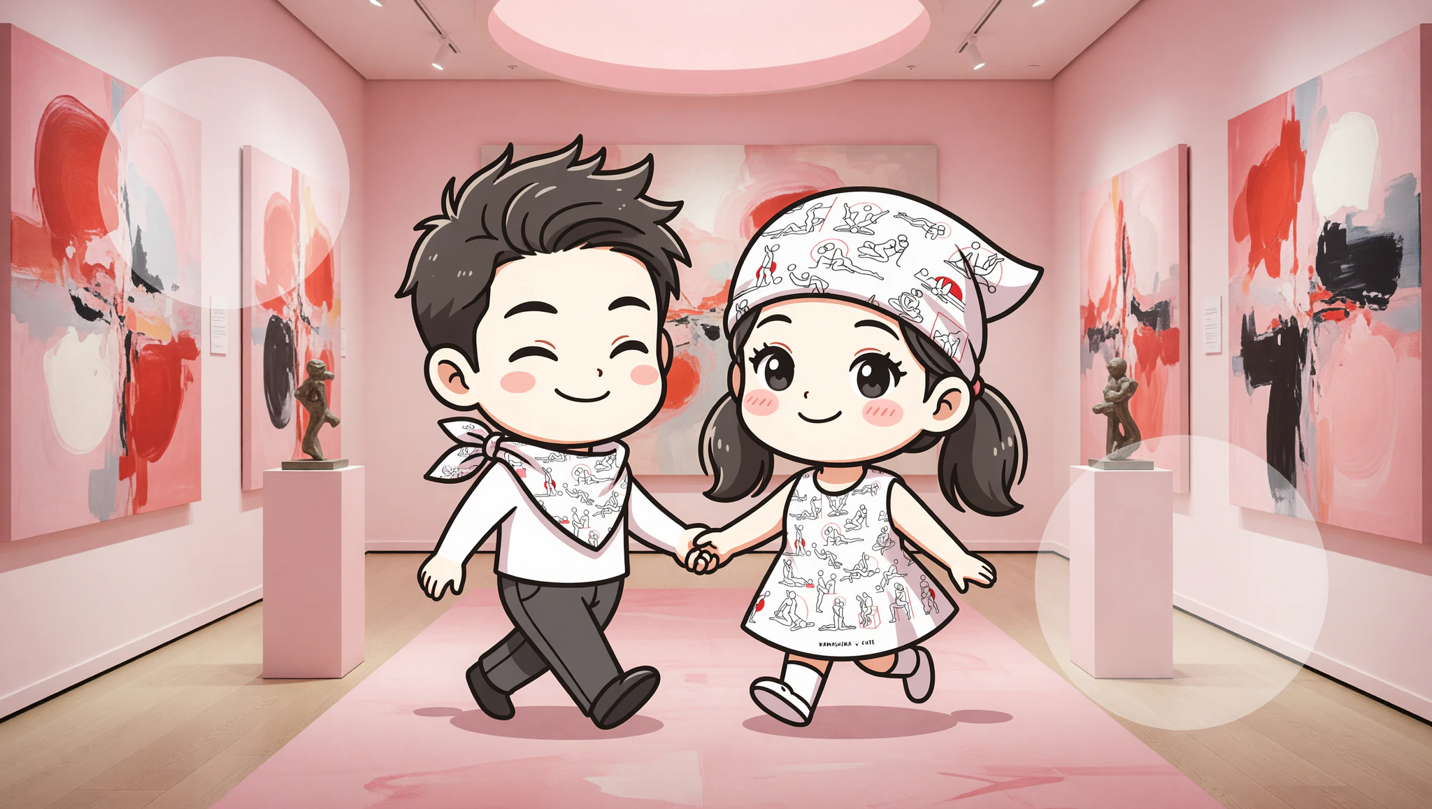 Chibi couple in Kamasutra bandanas on art gallery date